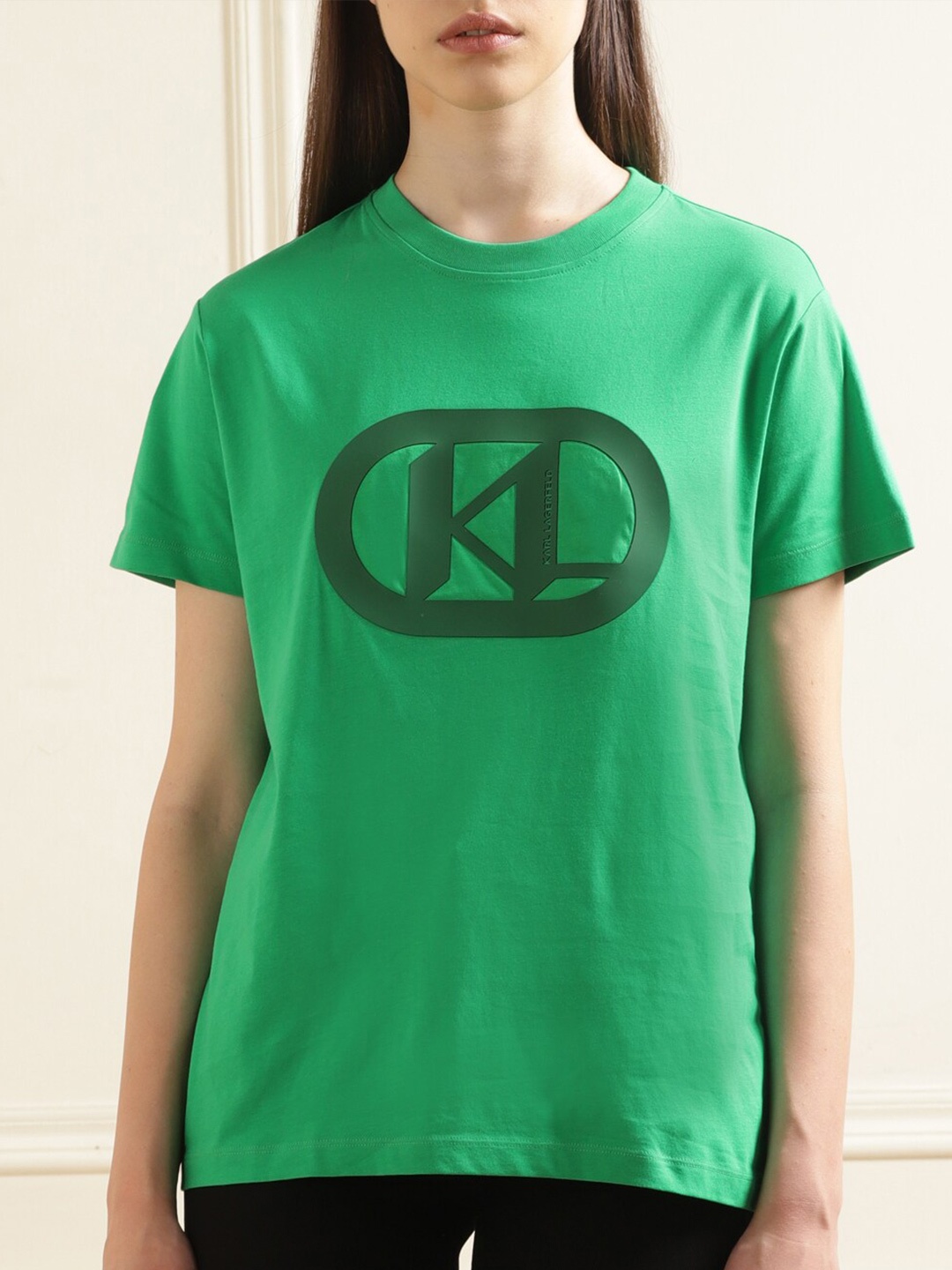 

Karl Lagerfeld Round Neck Applique Cotton Casual T-shirt, Green