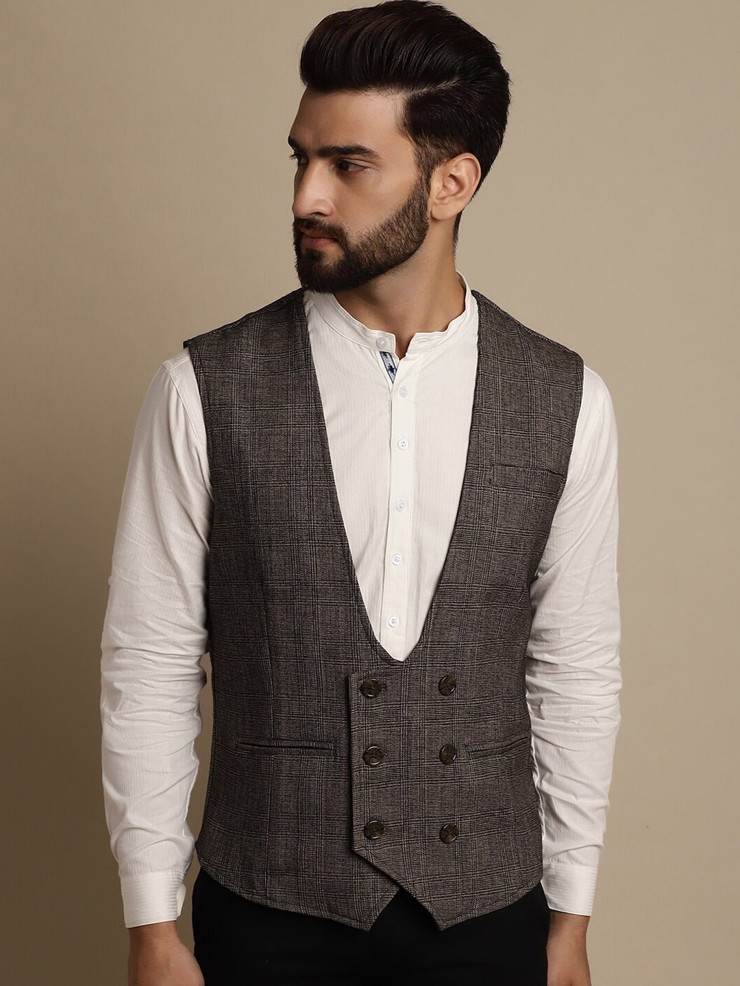 

even Checked Double Breasted Formal Waistcoat, Brown