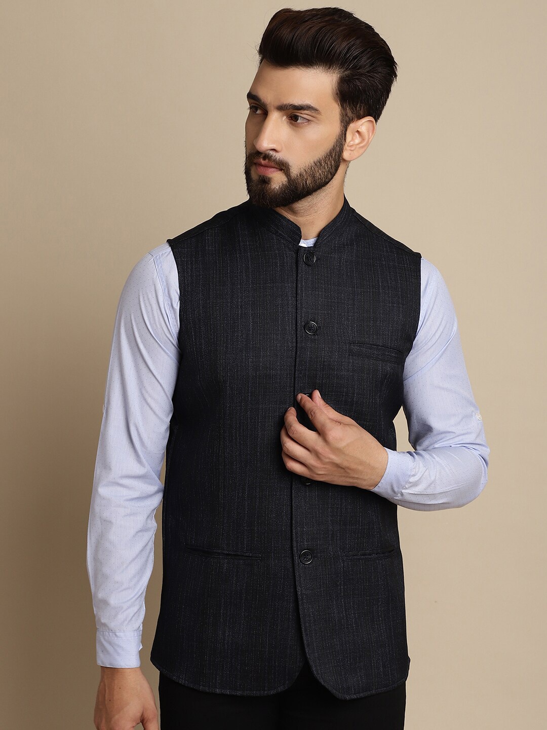 

even Mandarin Collar Nehru Jacket, Black