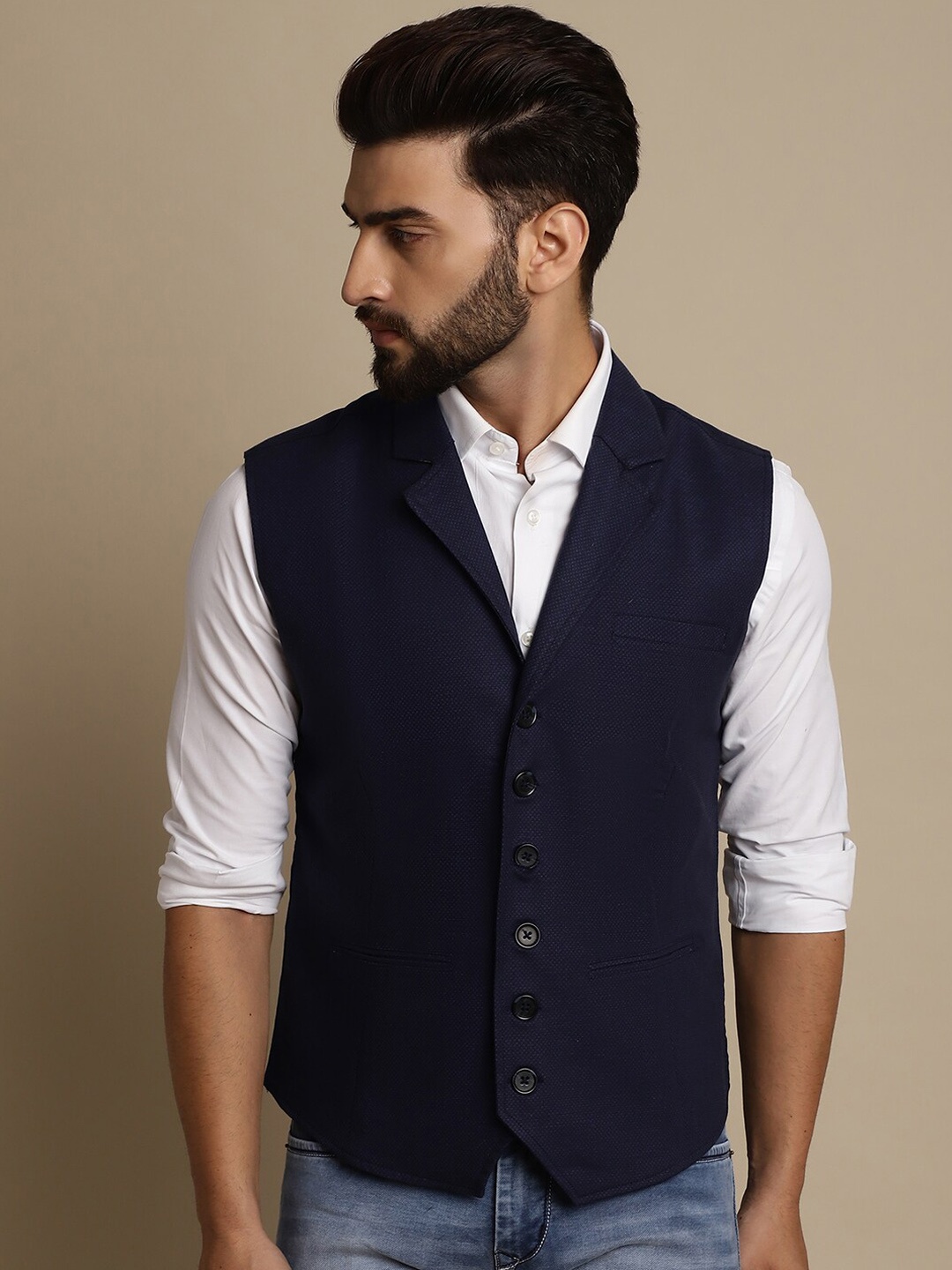 

even Self Design Notched Lapel Collar Single Breasted Formal Waistcoat, Blue