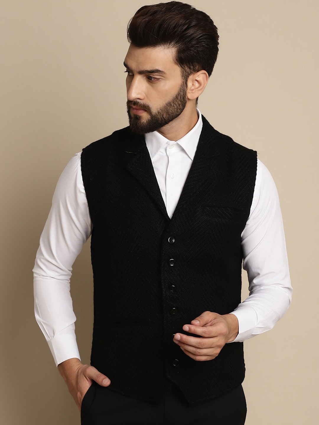 

even Self Design Notched Lapel Collar Pure Wool Single Breasted Formal Waistcoat, Black