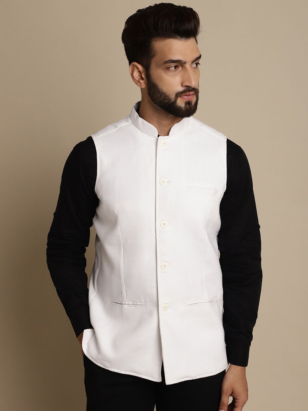 

even Linen Mandarin Collar Nehru Jacket, White
