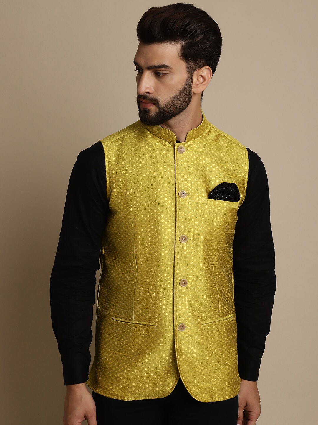 

even Woven Design Nehru Jacket, Yellow