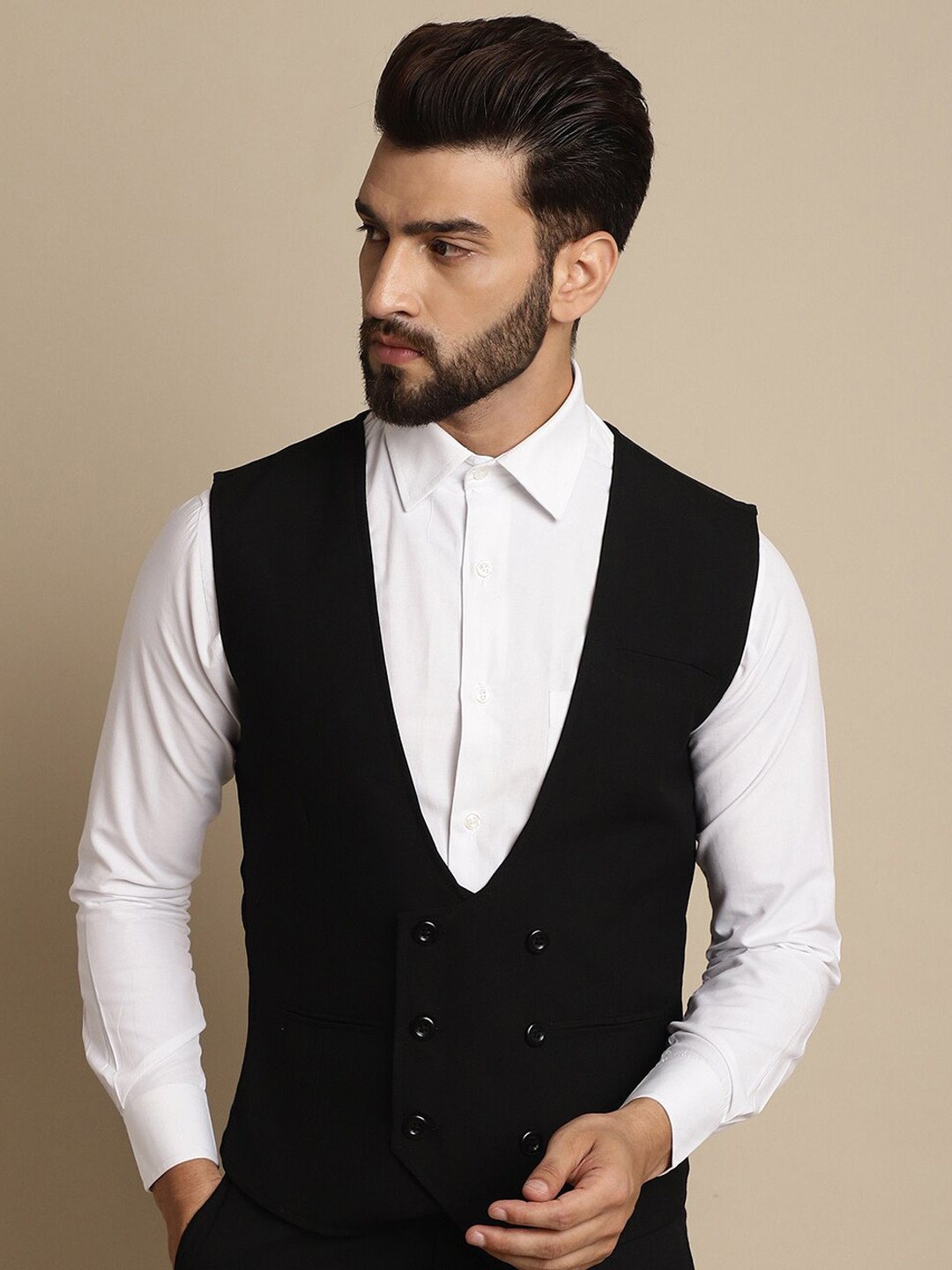 

even V-Neck Double Breasted Formal Waistcoat, Black