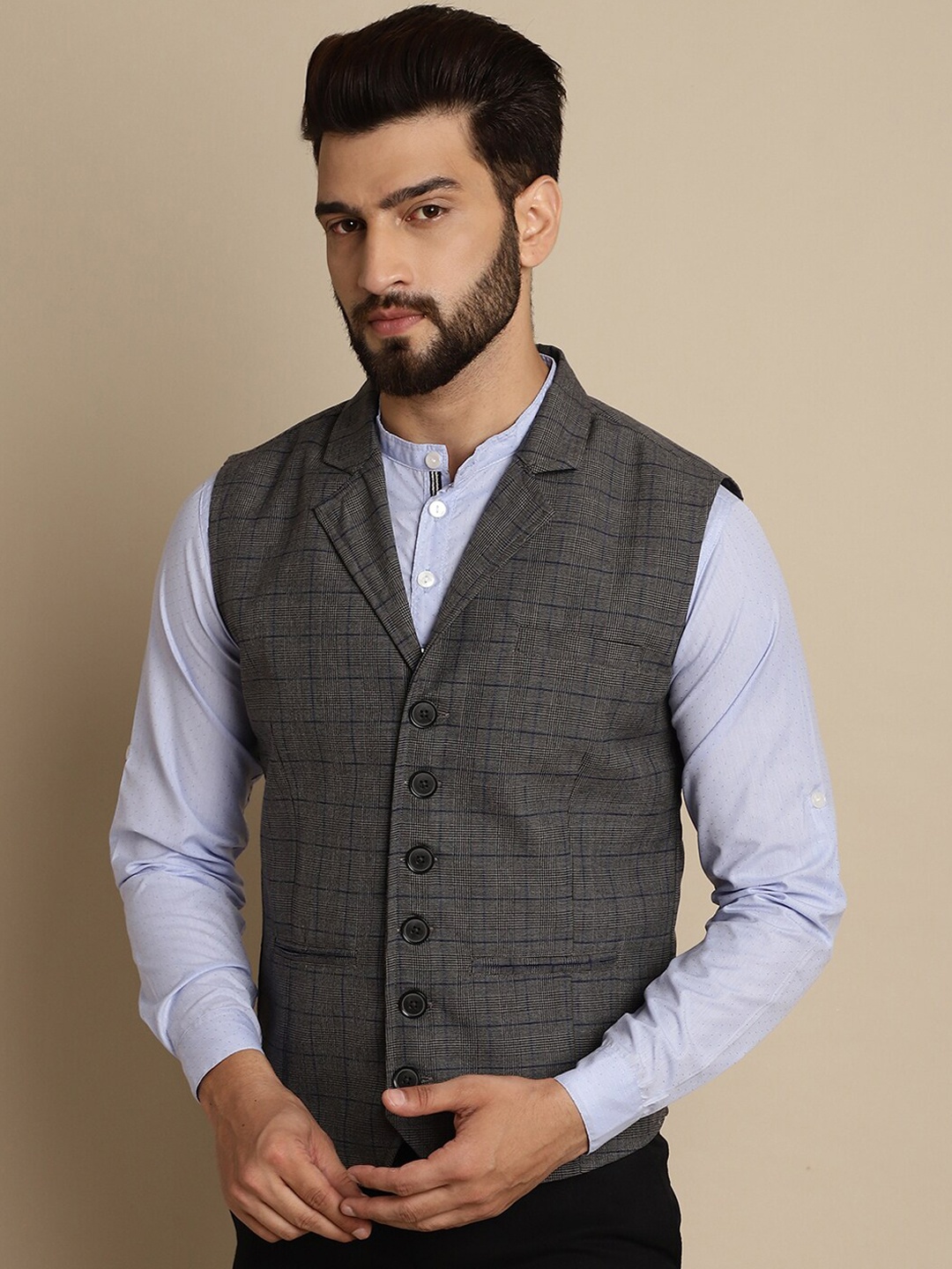 

even Checked Notched Lapel Collar Single Breasted Formal Waistcoat, Grey