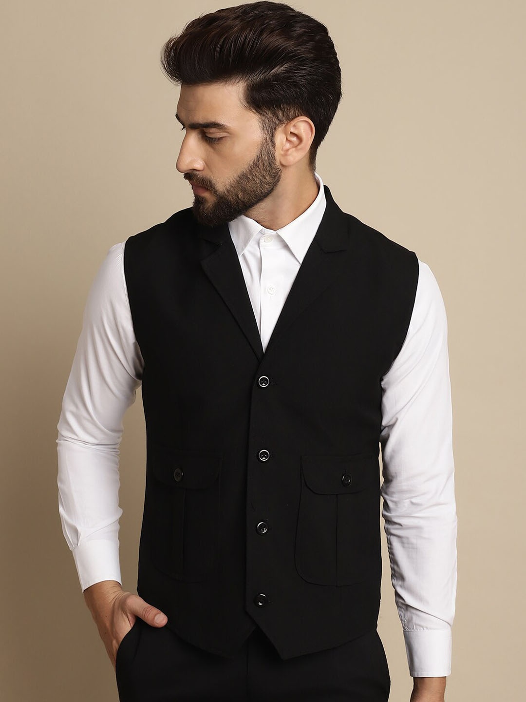 

even Notched Lapel Collar Single Breasted Formal Waistcoat, Black