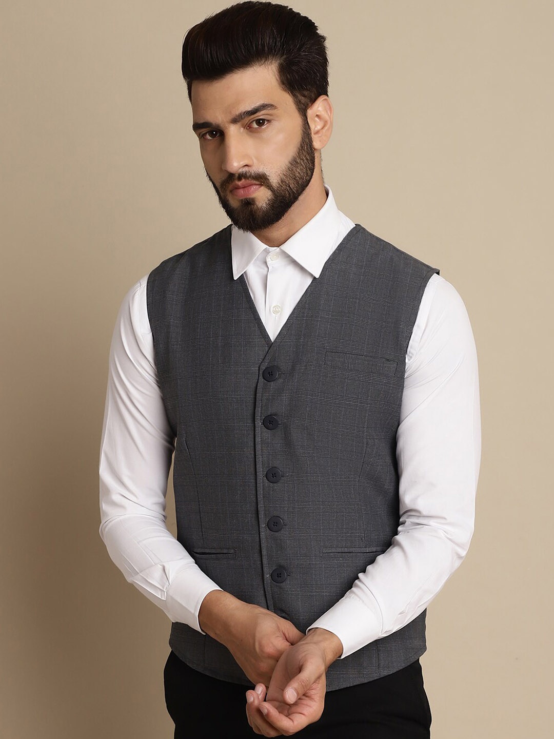 

even Checked Single Breasted Formal Waistcoat, Grey