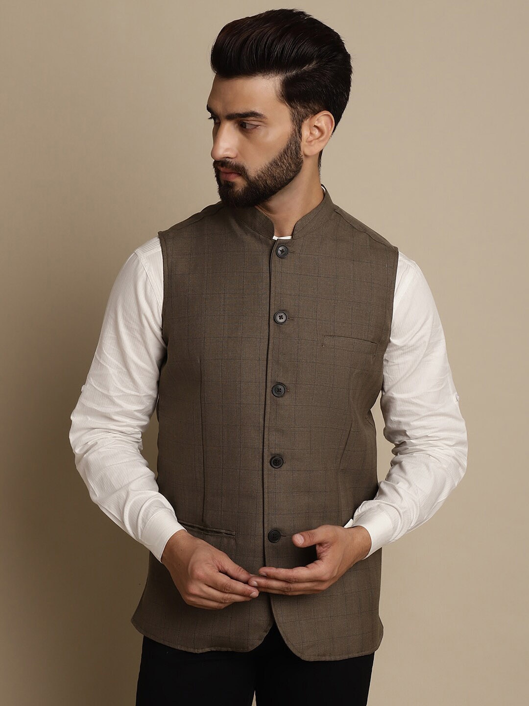 

even Checked Mandarin Collar Nehru Jacket, Brown