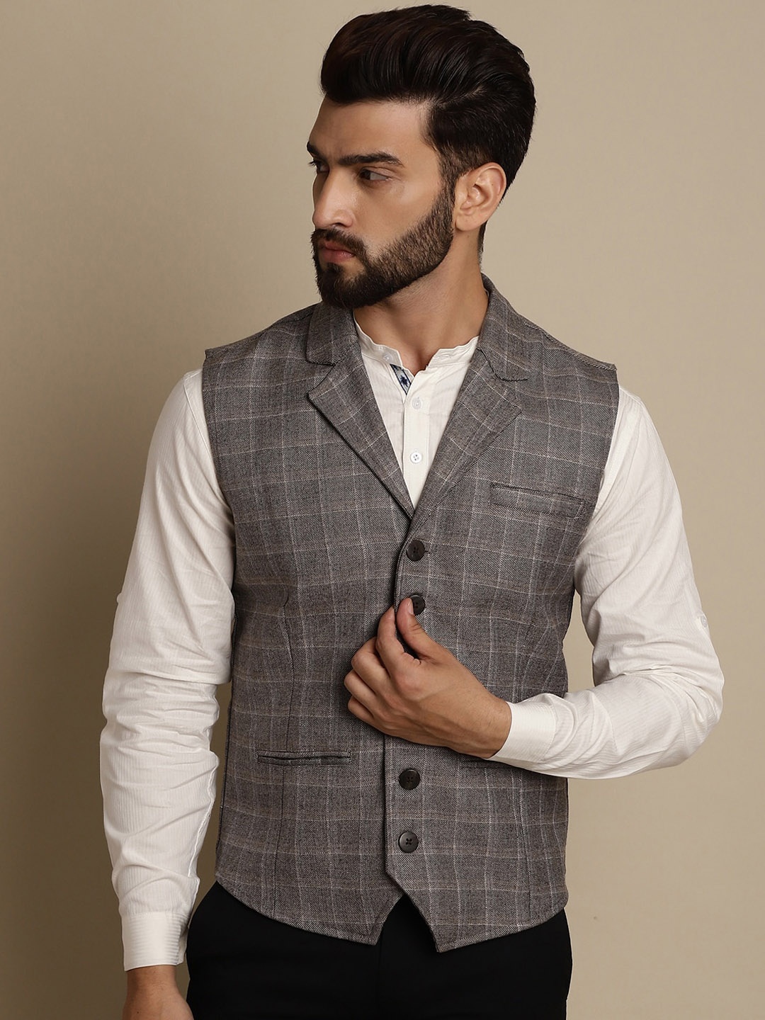 

even Checked Notched Lapel Collar Single Breasted Formal Waistcoat, Brown