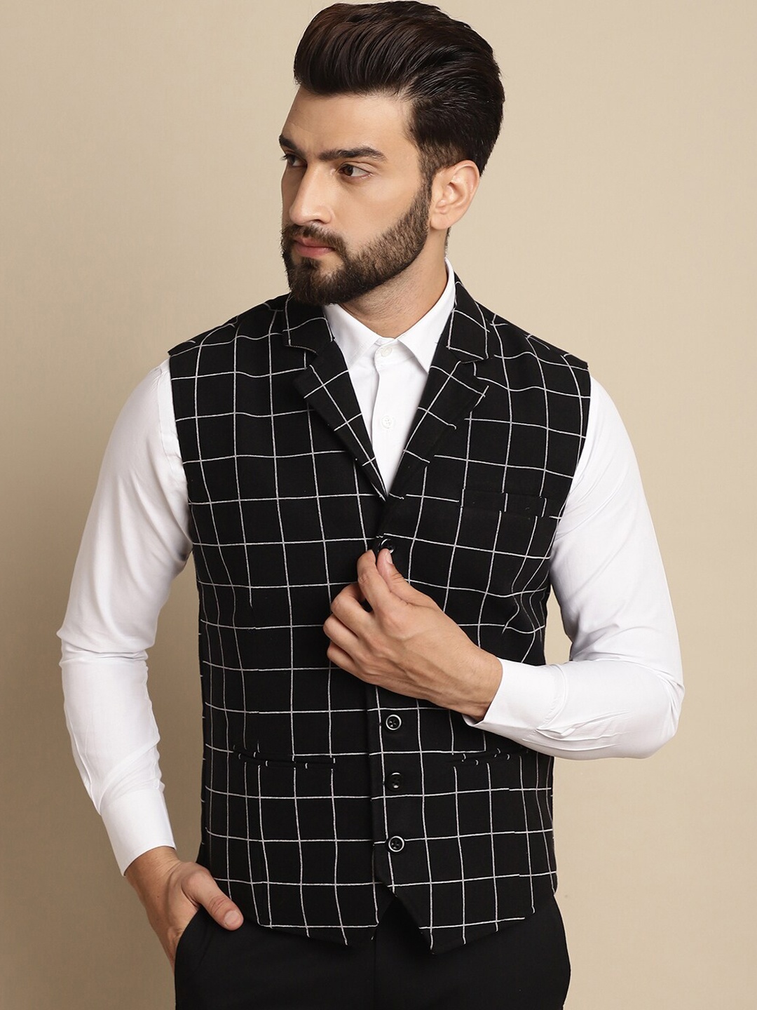 

even Checked Single Breasted Waistcoat, Black