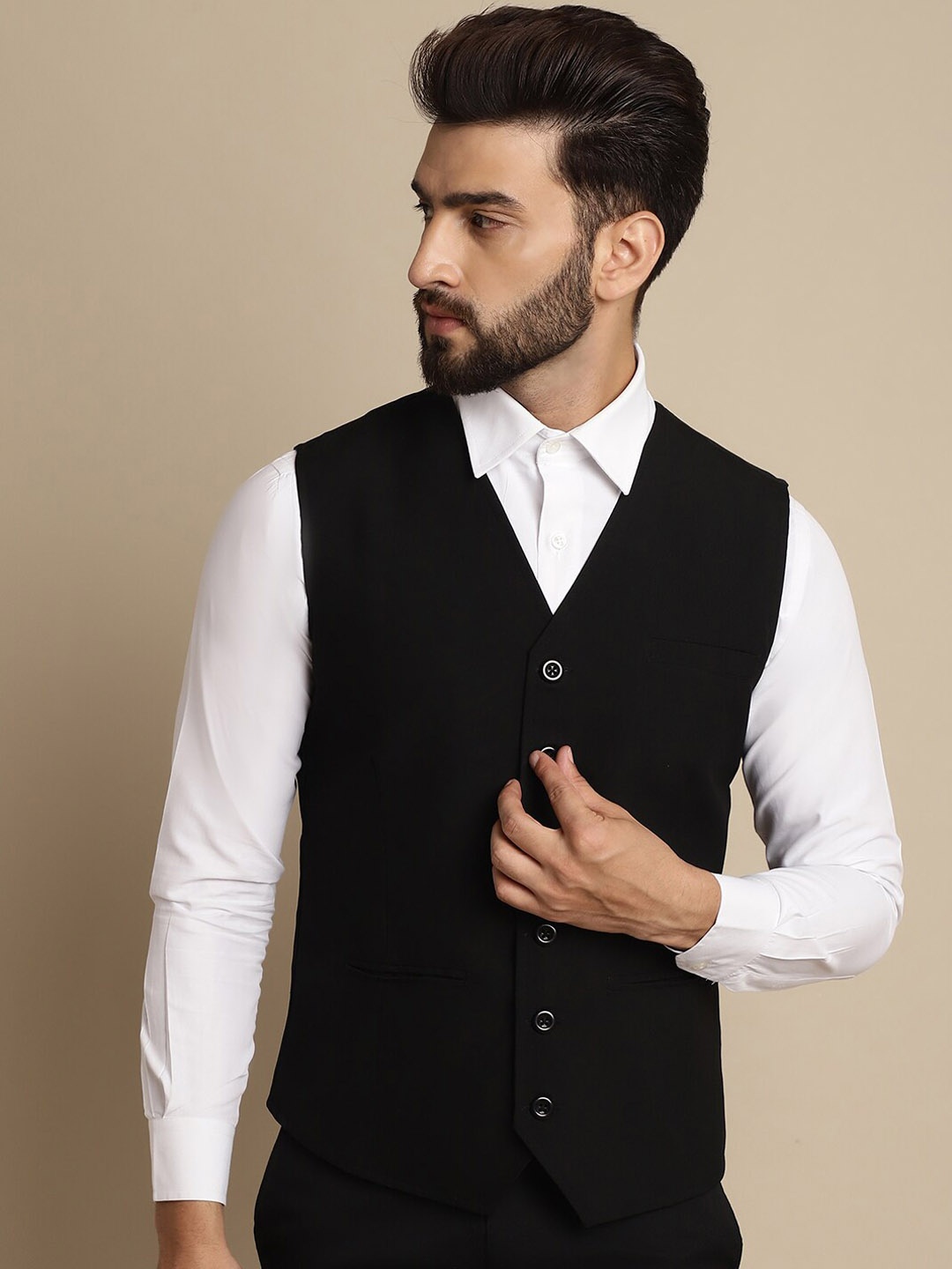 

even V-Neck Single Breasted Waistcoat, Black