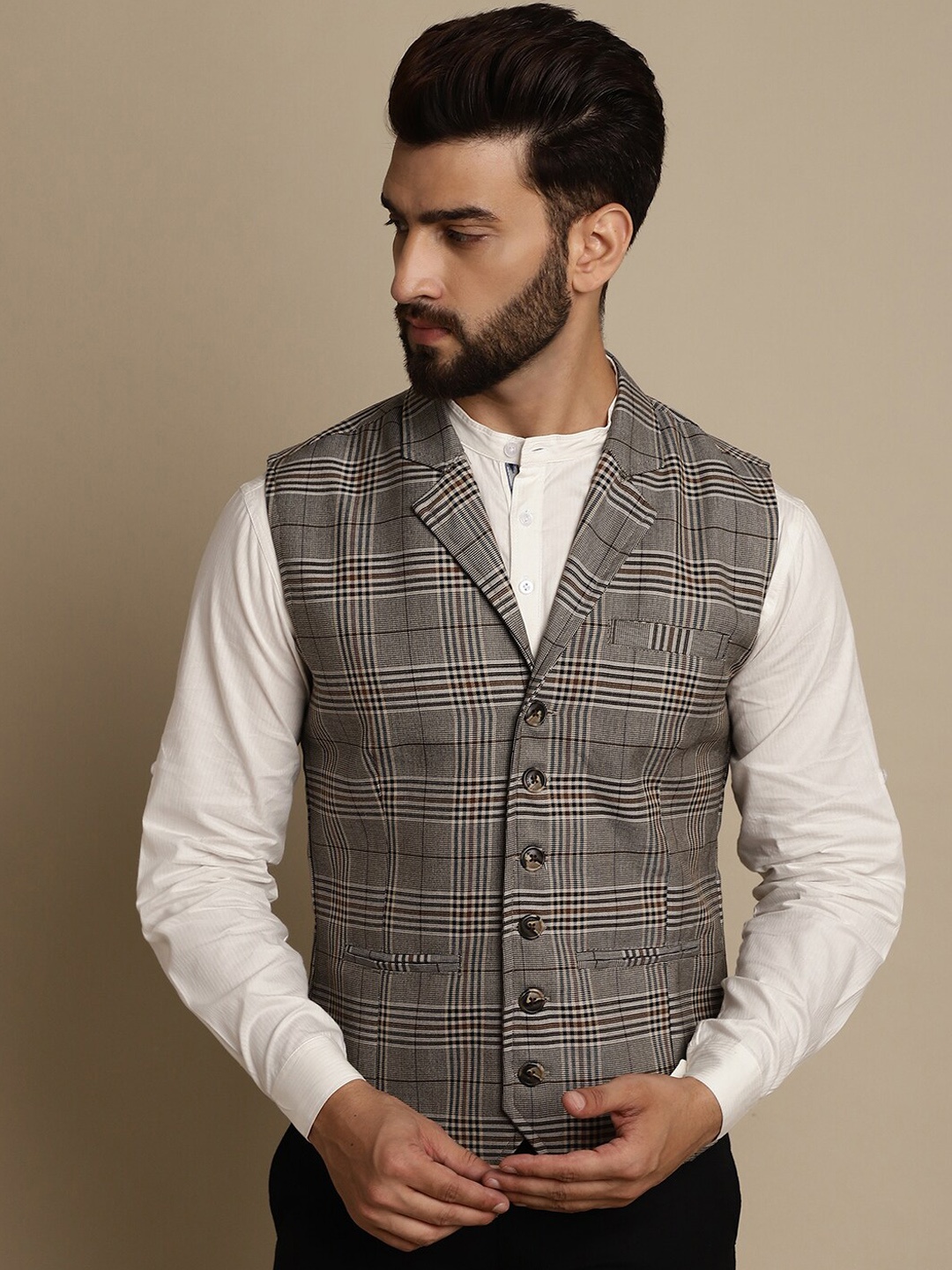 

even Checked Single Breasted Waistcoat, Brown