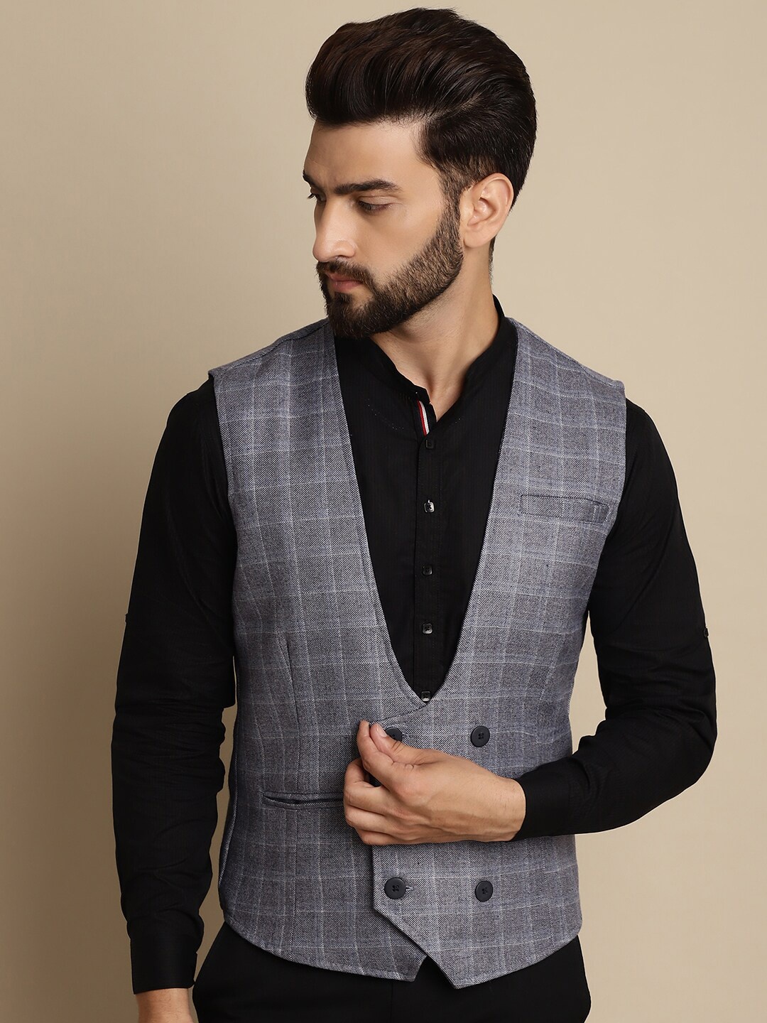 

even Checked Double Breasted Waistcoat, Grey