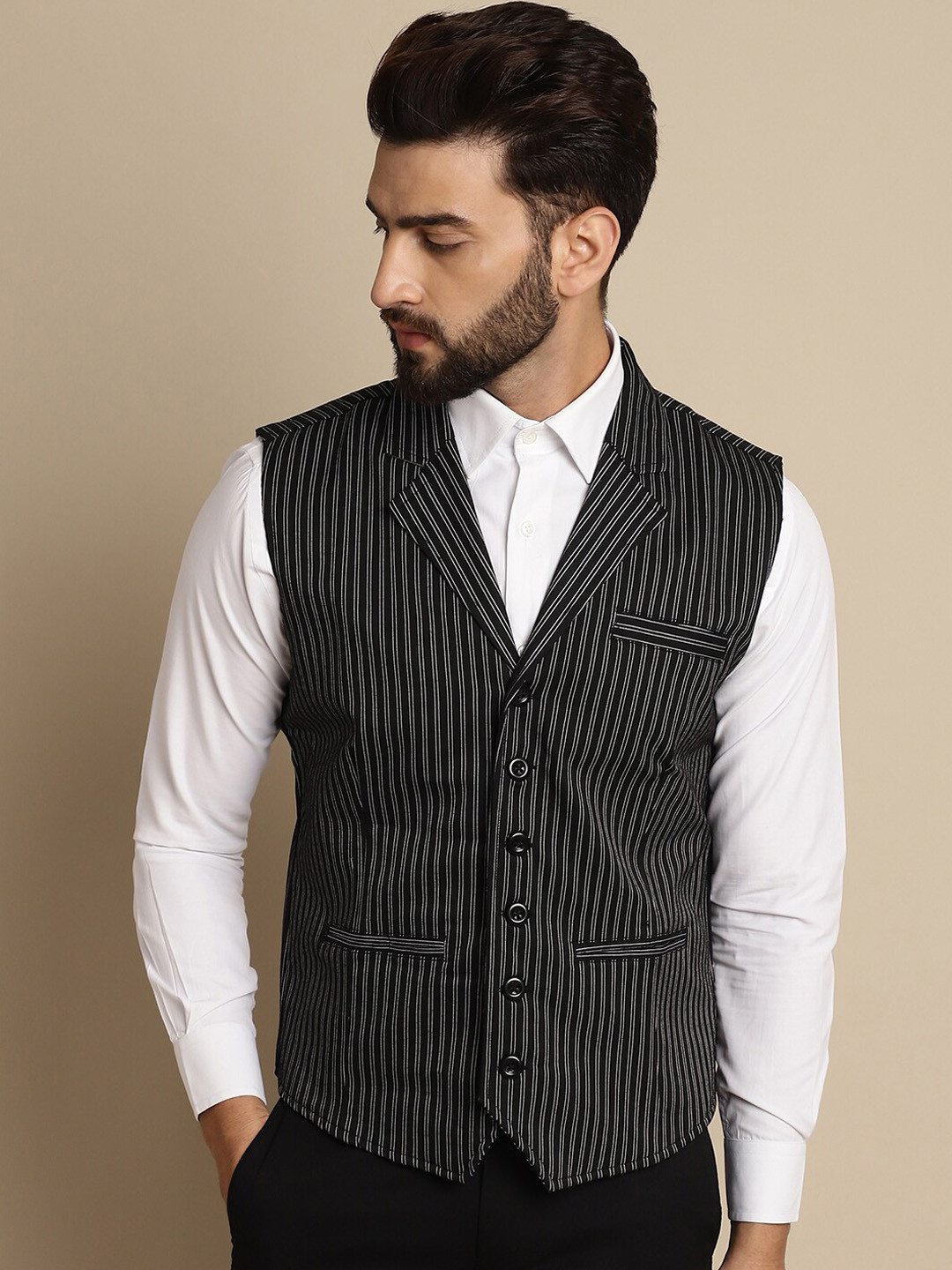 

even Striped Single Breasted Waistcoat, Black