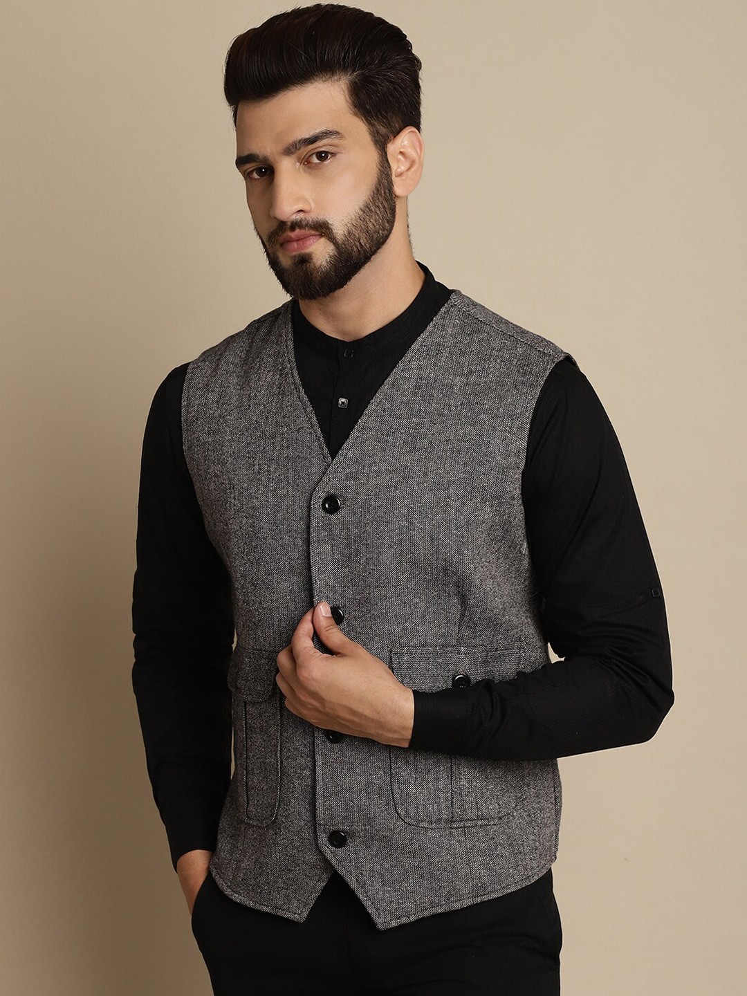 

even Self-Design Single Breasted Waistcoat, Grey