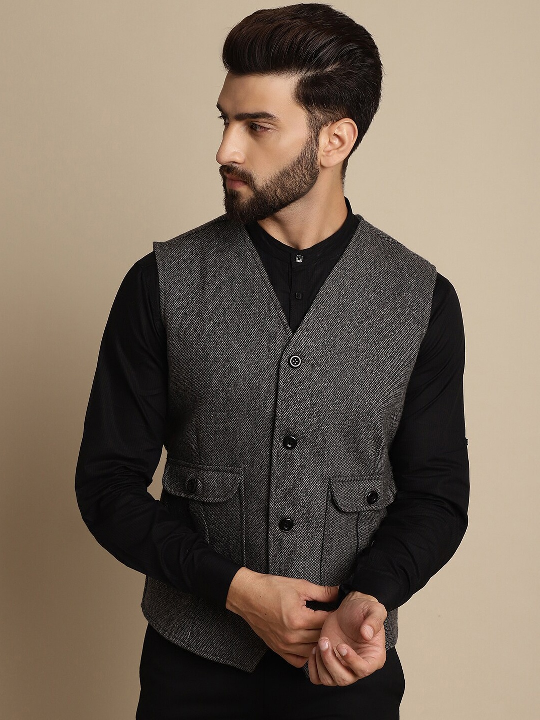 

even Self-Design Single Breasted Waistcoat, Grey