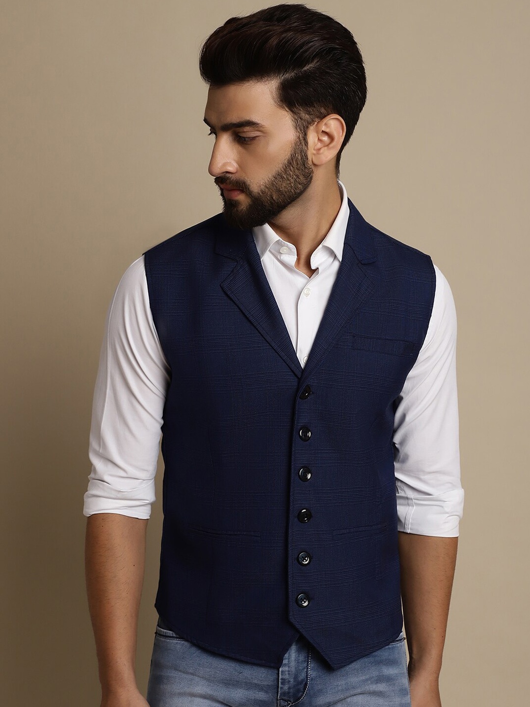 

even Self-Design Single Breasted Waistcoat, Blue