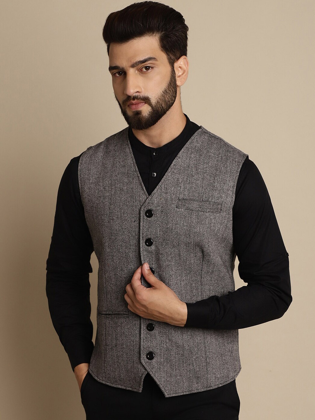 

even Self-Design Single Breasted Waistcoat, Grey