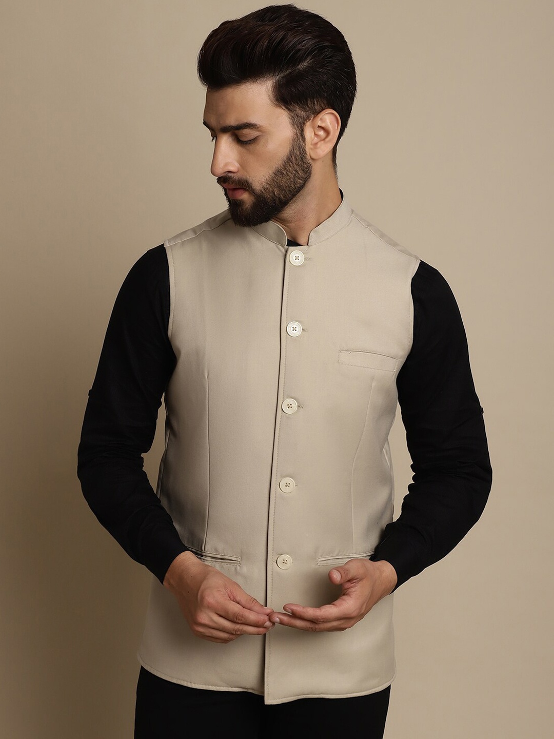 

even Mandarin Collar Nehru Jacket, Cream