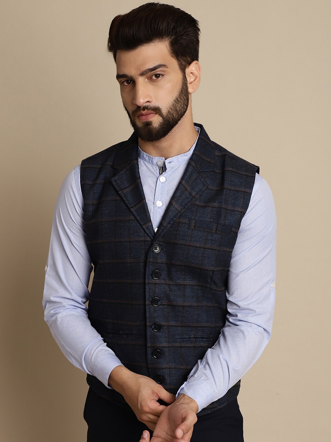 

even Checked Single Breasted Waistcoat, Blue