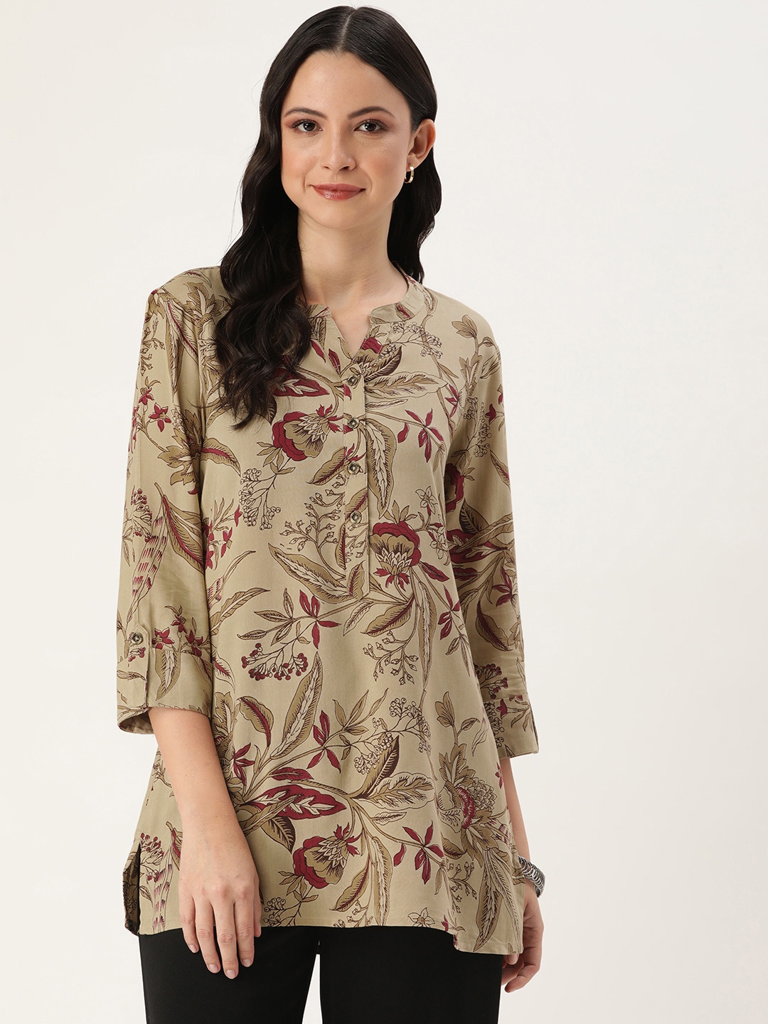 

AMUKTI Mandarin Collar Printed Tunic, Beige