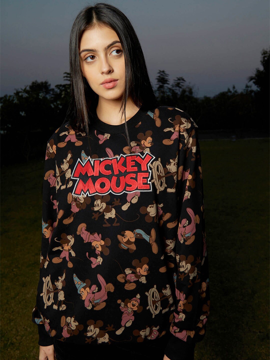 

Bonkers Corner Women Black Mickey Mouse Printed Cotton Oversized Pullover