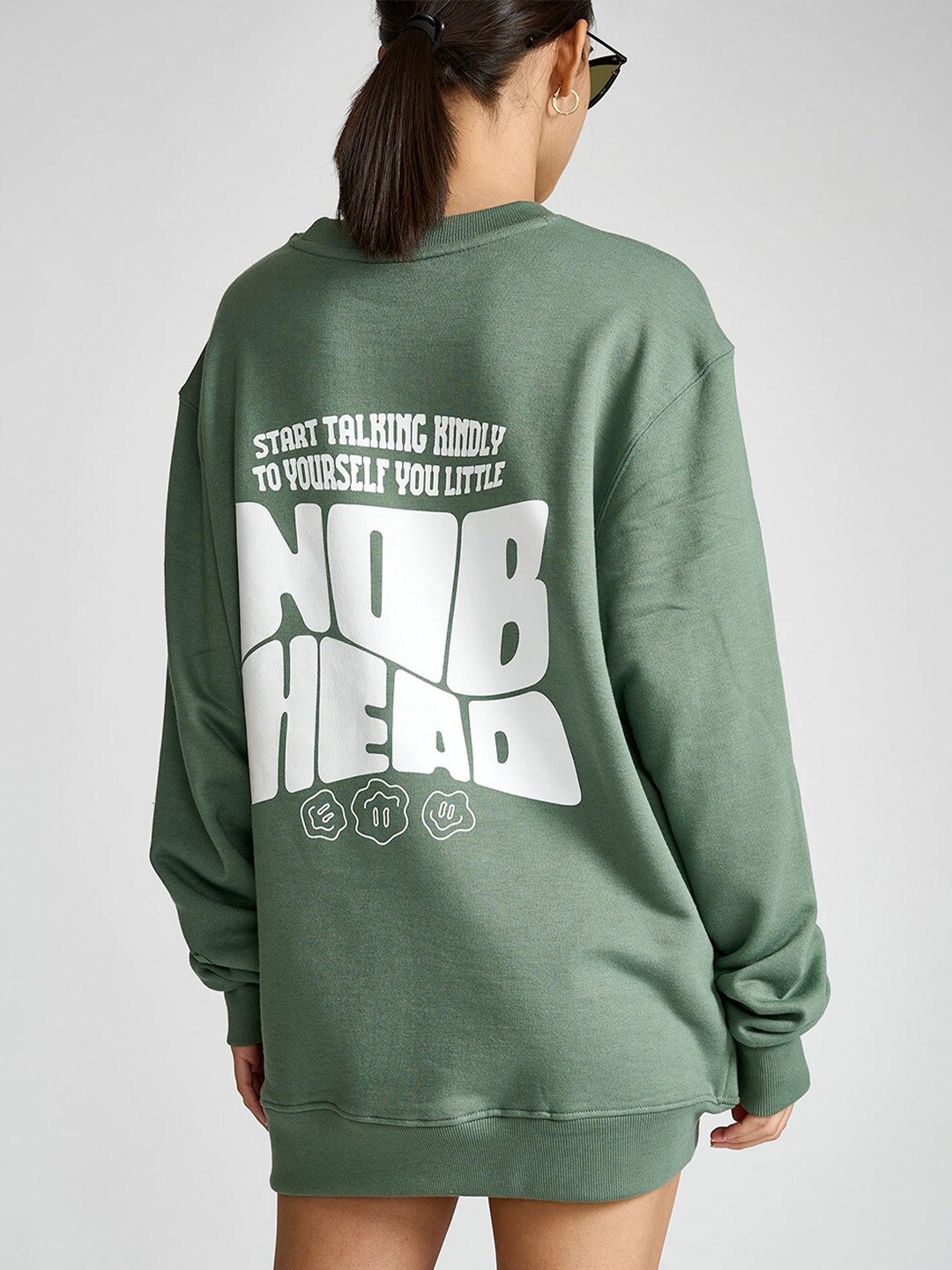 

Bonkers Corner Typography Printed Round Neck Cotton Pullover Longline Sweatshirt, Green