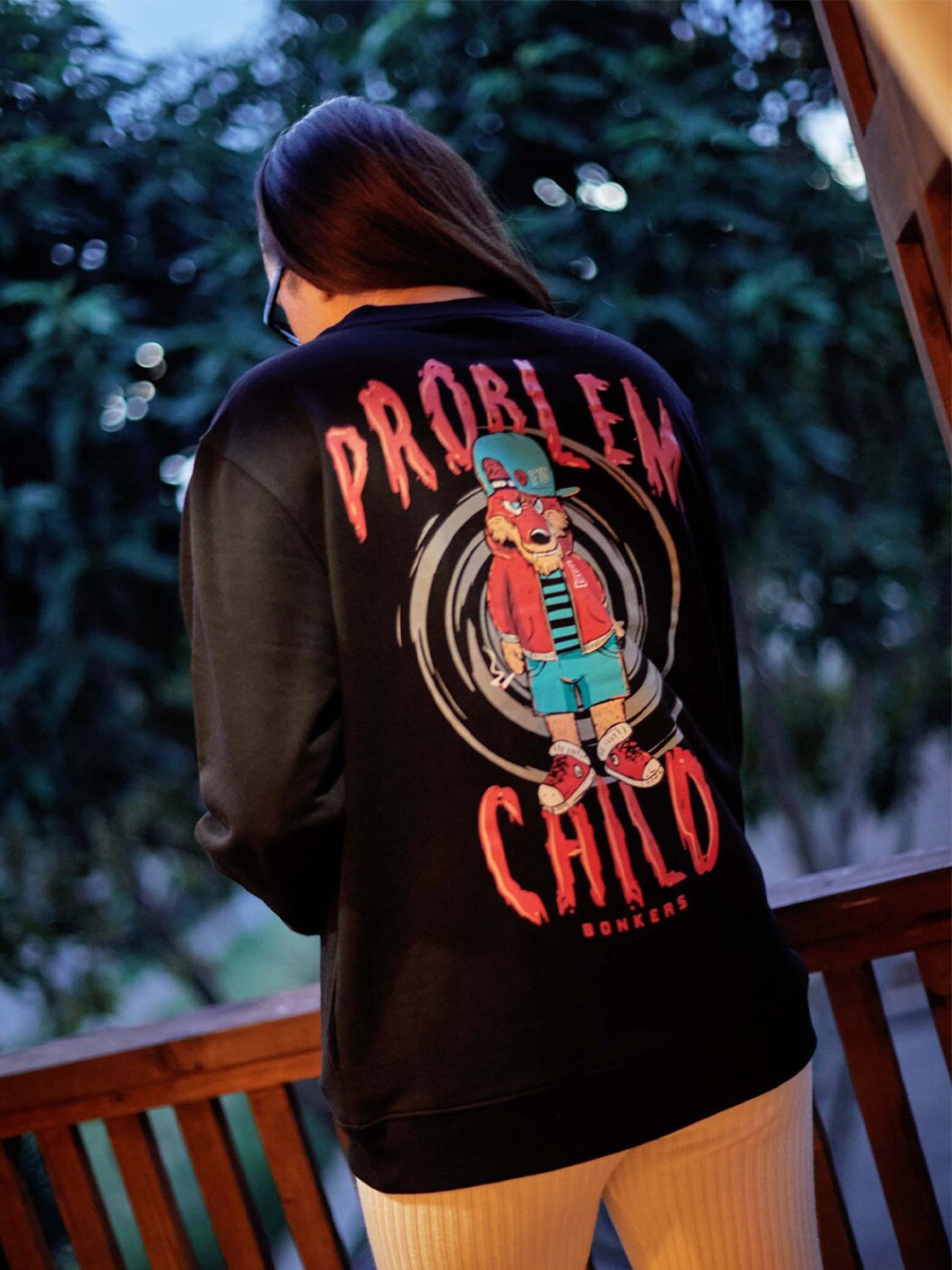 

Bonkers Corner Graphic Printed Round Neck Cotton Pullover Sweatshirt, Black