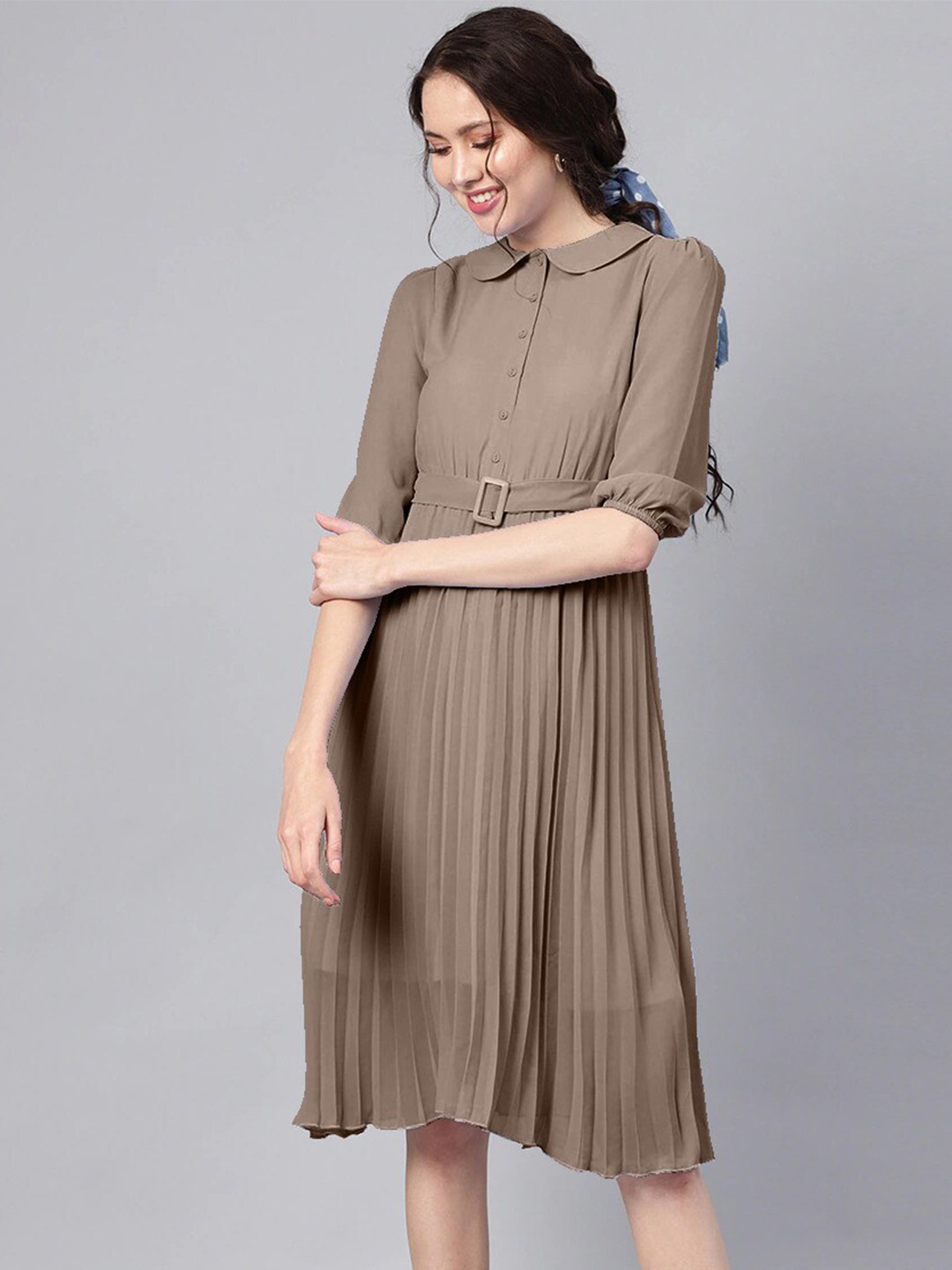 

Kiwie Peter Pan Collar Belted Fit & Flare Dress With Belt, Grey