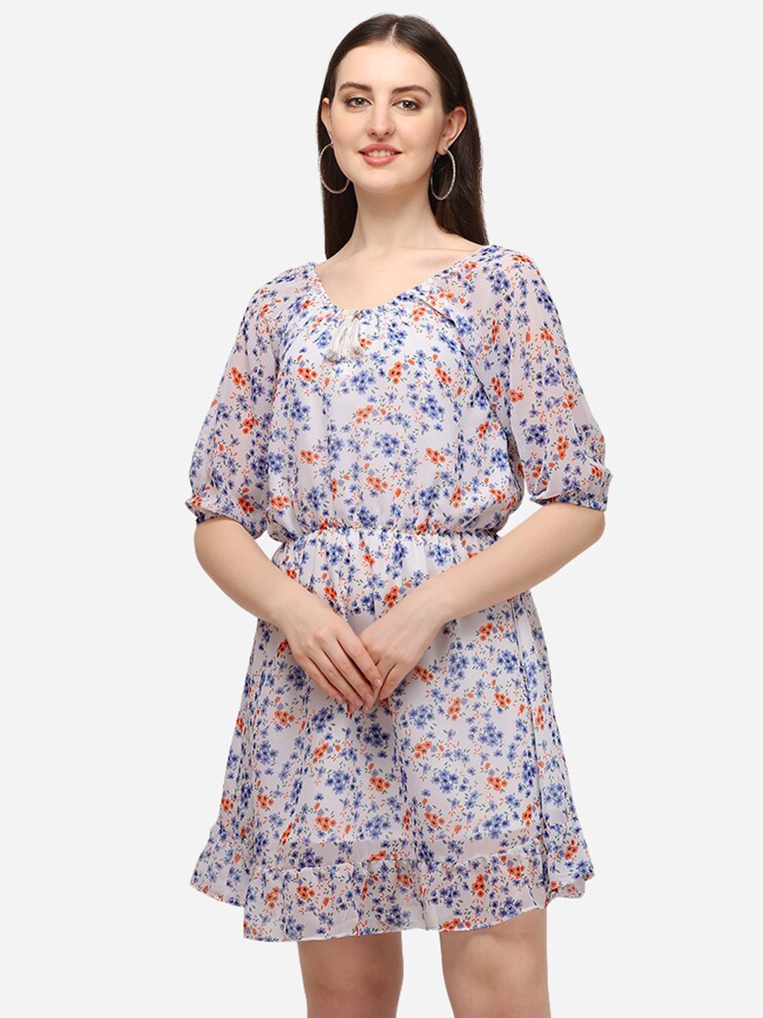 Kiwie Floral Printed A-Line Dress, White