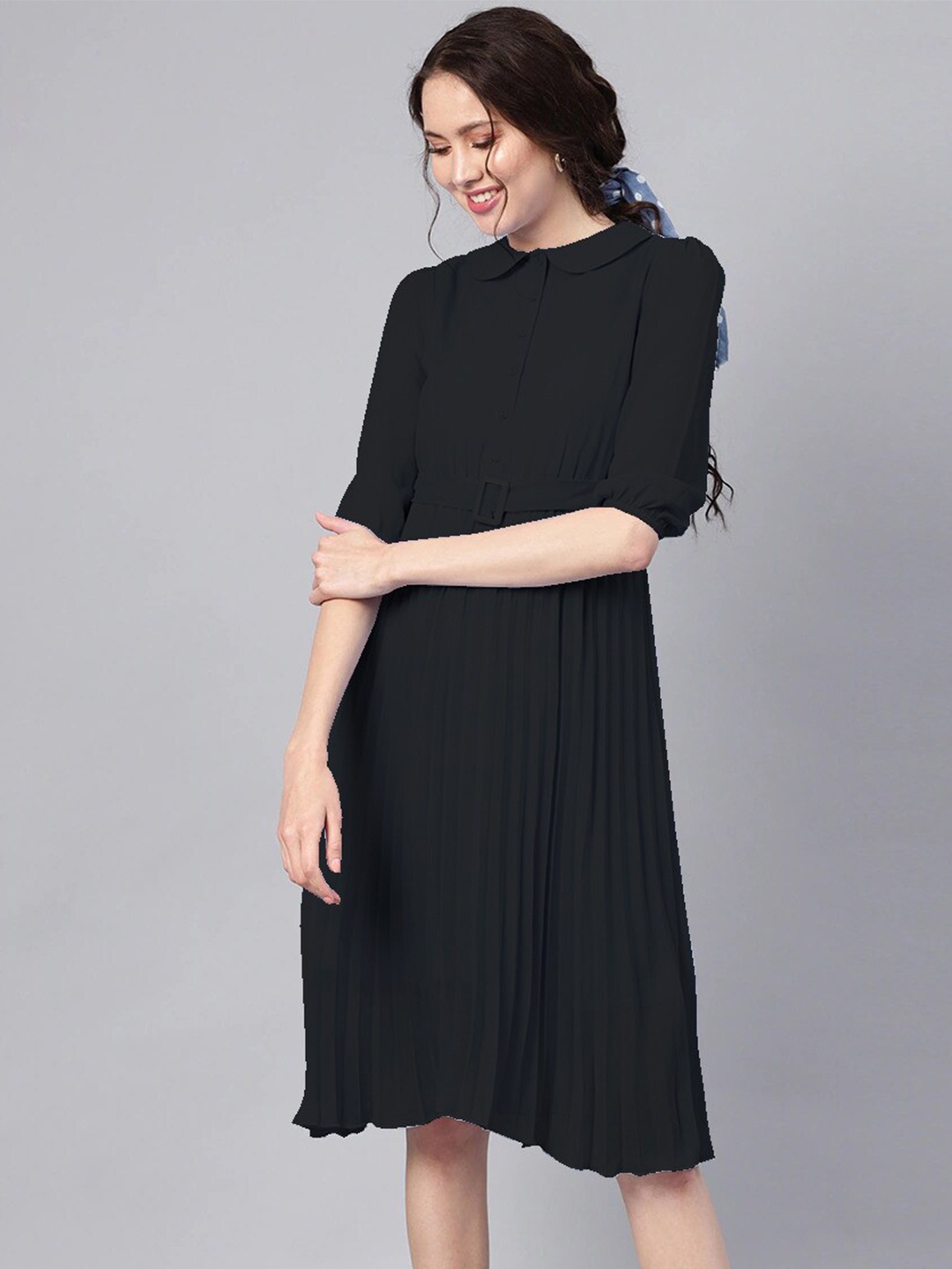 

Kiwie Peter Pan Collar Belted Fit & Flare Dress With Belt, Black