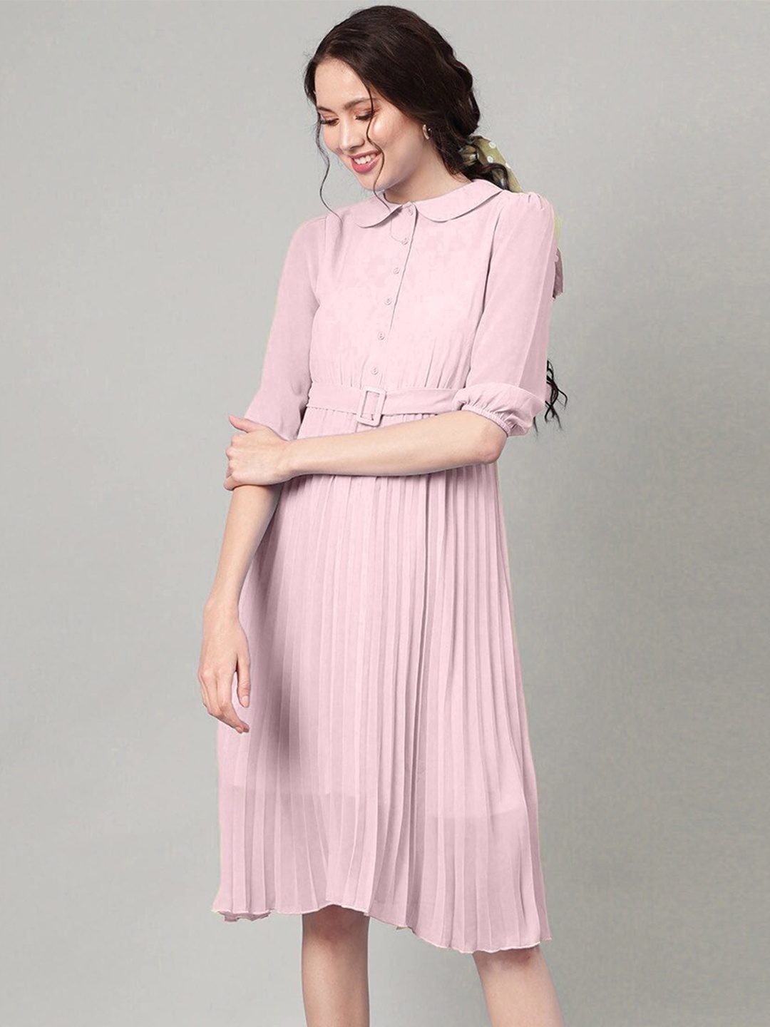 

Kiwie Peter Pan Collar Belted Fit & Flare Dress With Belt, Pink