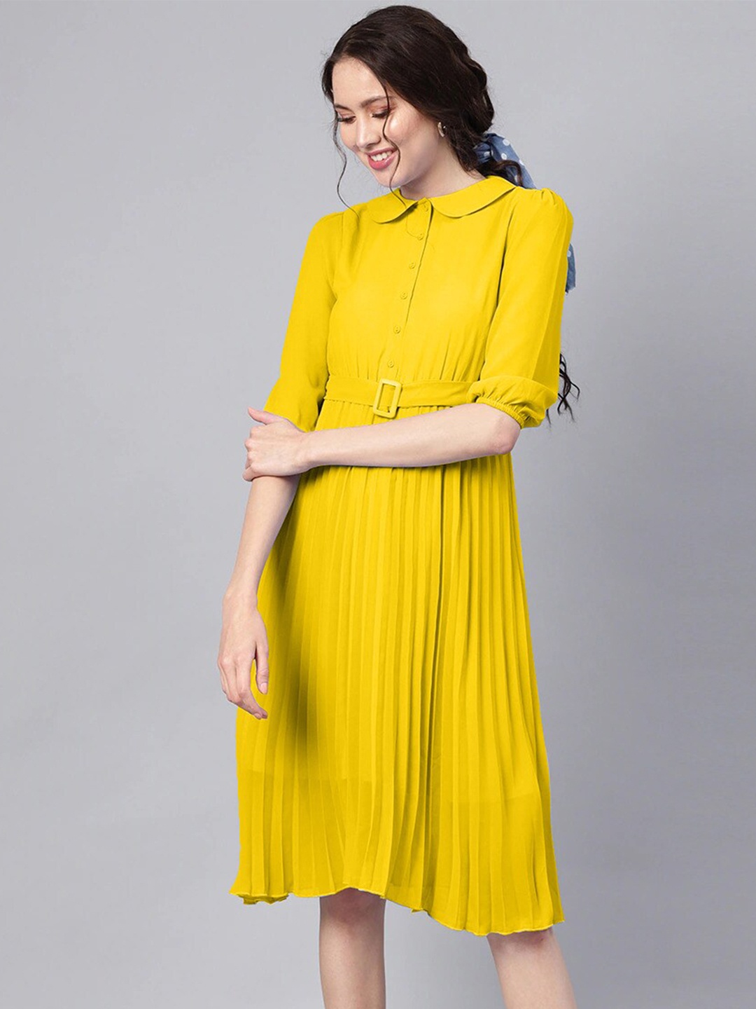 

Kiwie Peter Pan Collar Belted Fit & Flare Dress With Belt, Yellow