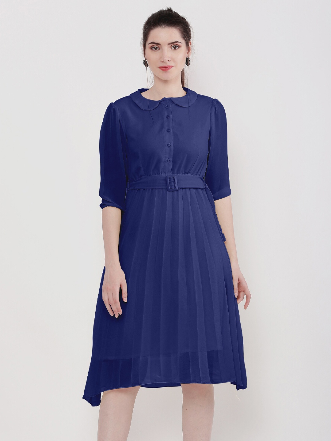 

Kiwie Peter Pan Collar A-Line Midi Dress With Belt, Navy blue