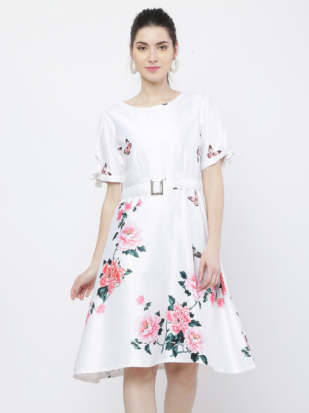 

Kiwie Floral Printed Satin Fit & Flare Dress With Belt, White