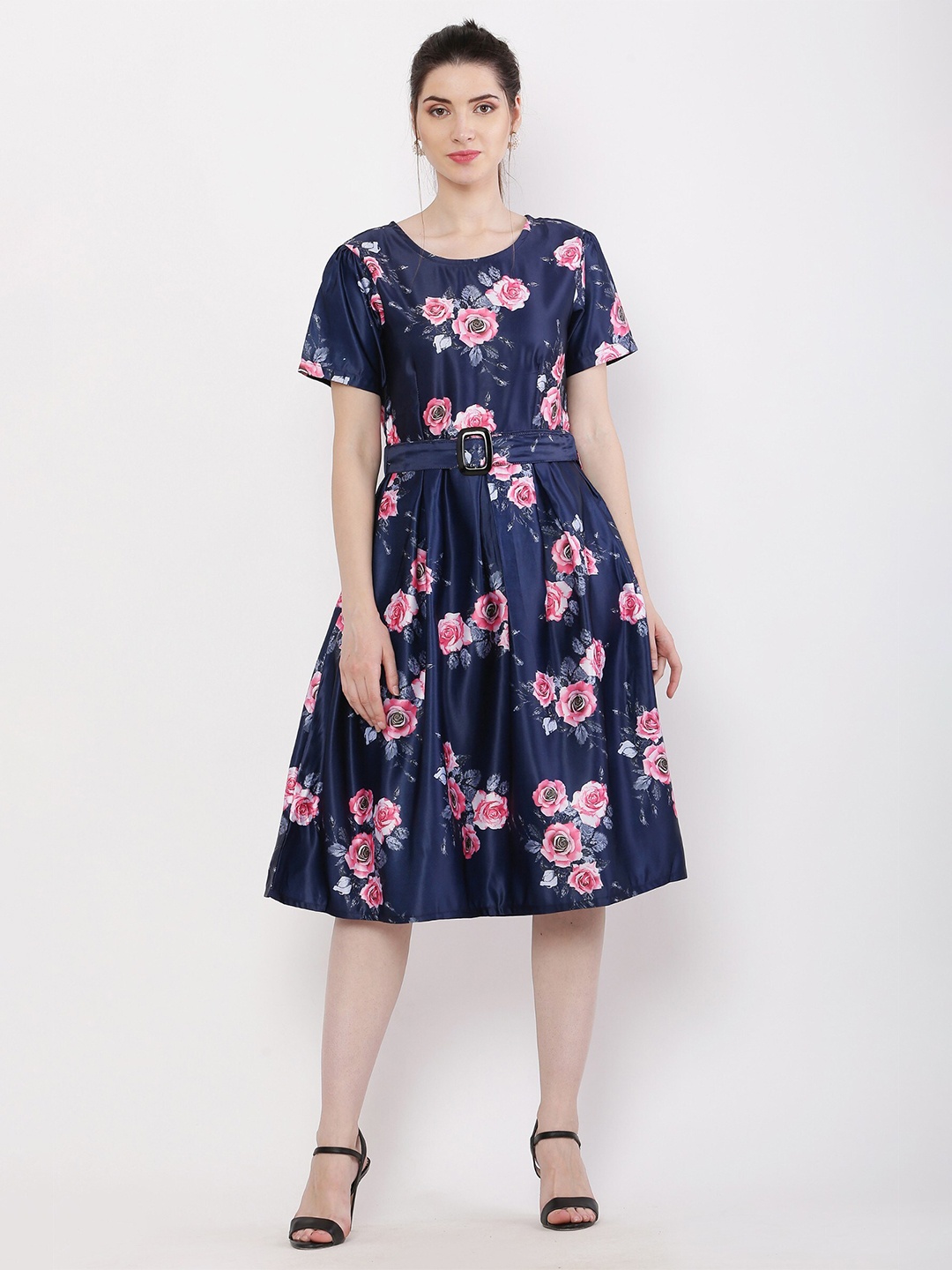 

Kiwie Floral Printed Satin Knee Length Fit & Flare Dress With Belt, Blue