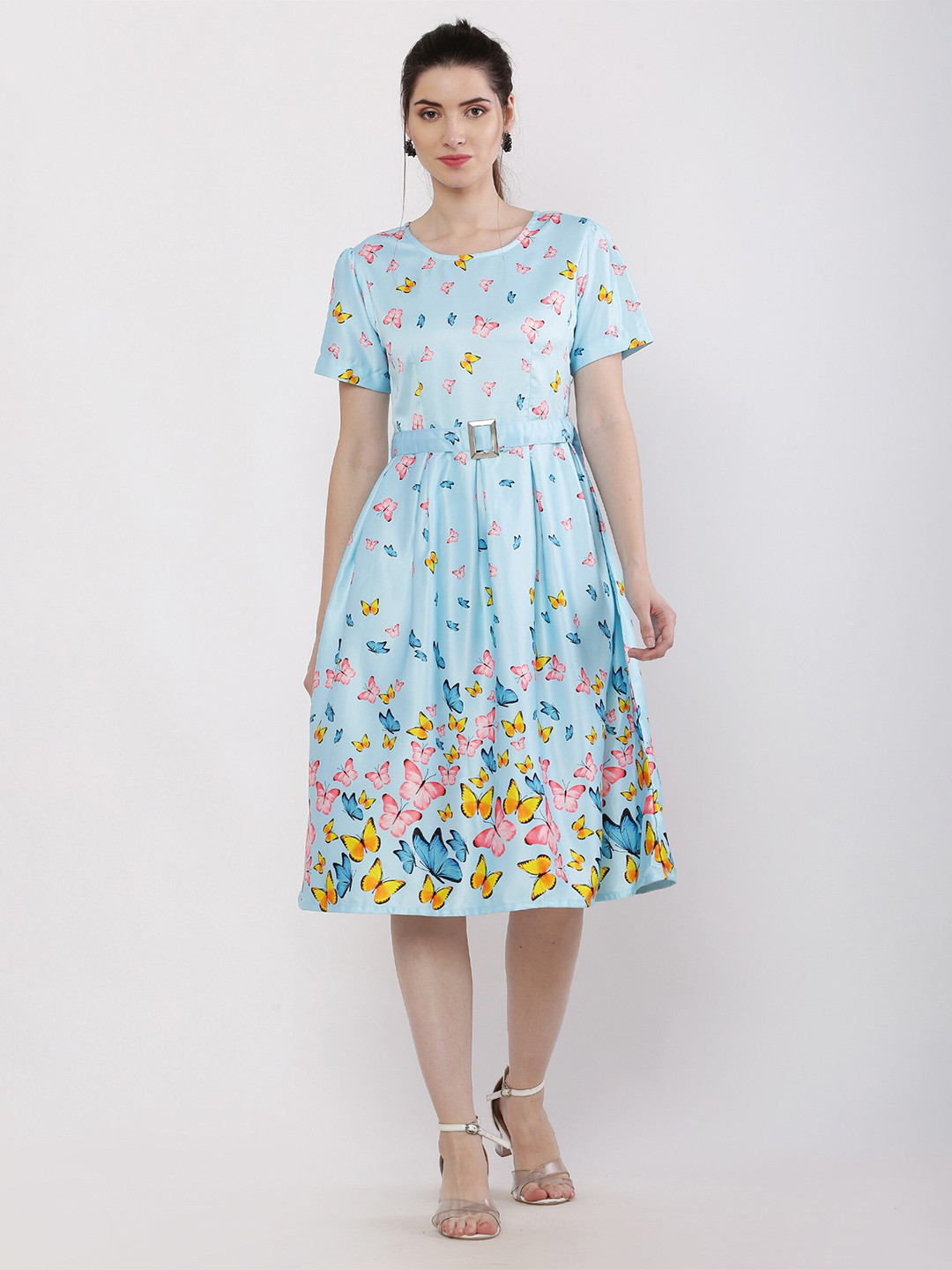 

Kiwie Conversational Printed Satin Fit & Flare Dress With Belt, Blue