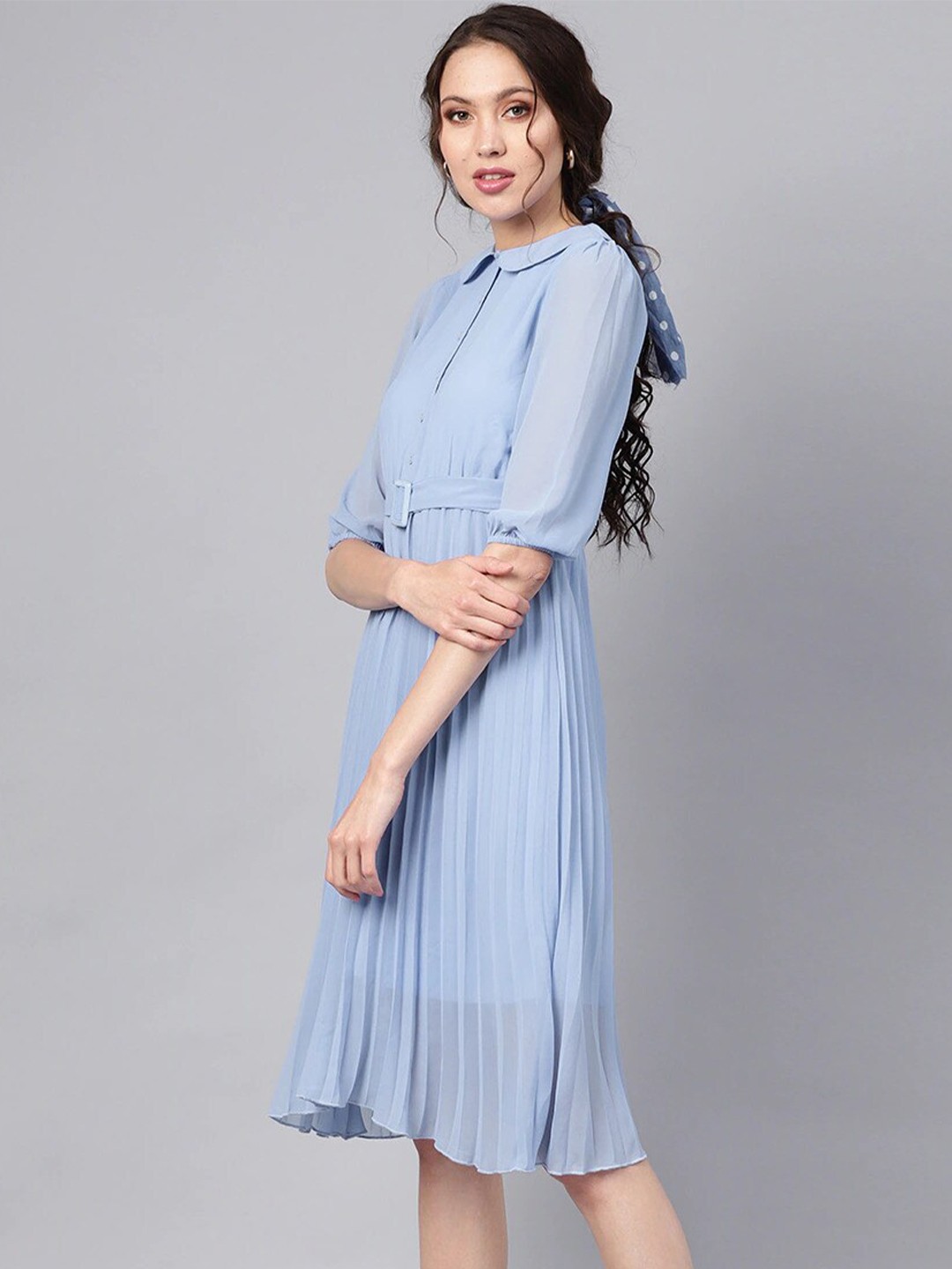 

Kiwie Peter Pan Collar Accordion Pleated Gathered Georgette A-Line Dress, Blue
