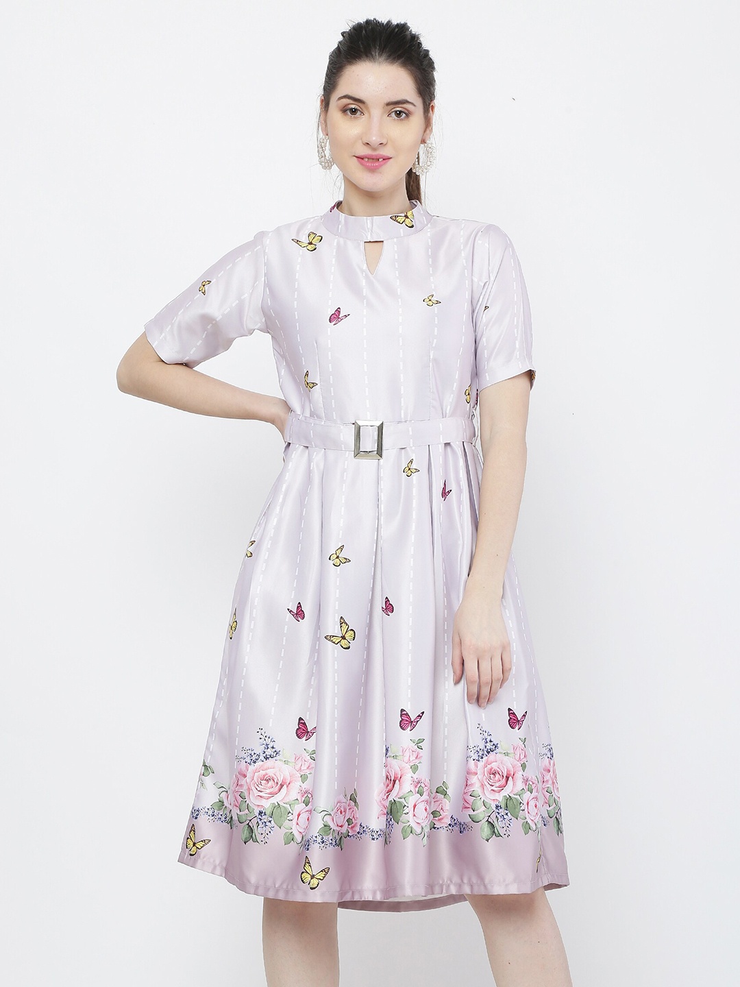 

Kiwie Floral Printed Satin Fit & Flare Dress With Belt, Lavender