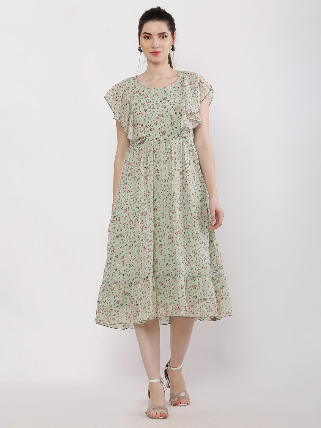 

Kiwie Floral Printed Flutter Sleeves A-Line Midi Dress, Sea green