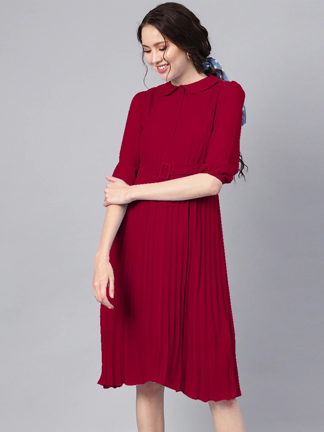 

Kiwie Peter Pan Collar Accordion Pleated Gathered Georgette A-Line Dress, Maroon