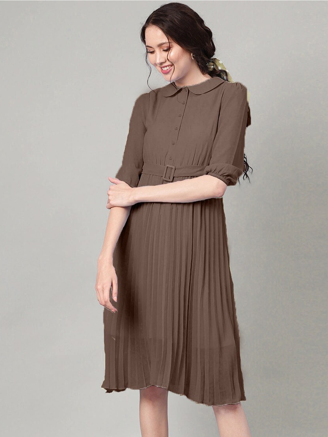 

Kiwie Peter-Pan Collar A-Line Midi Dress With Belt, Brown