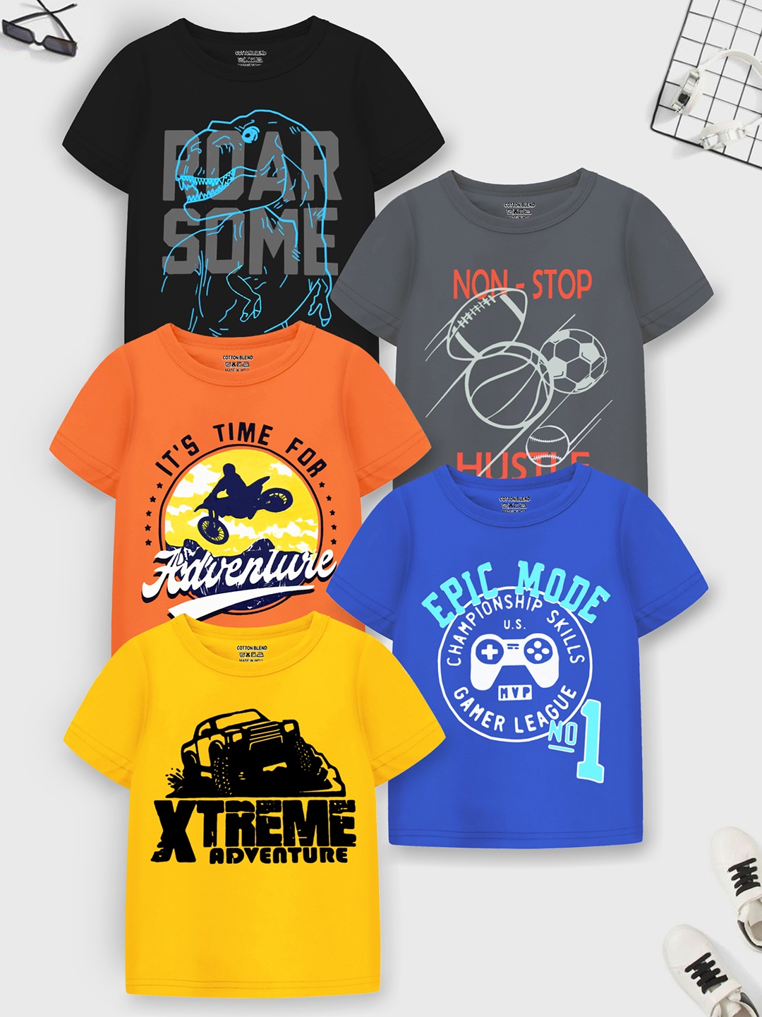 

Trampoline Boys Pack of 5 Graphic Printed Cotton T-shirt, Blue
