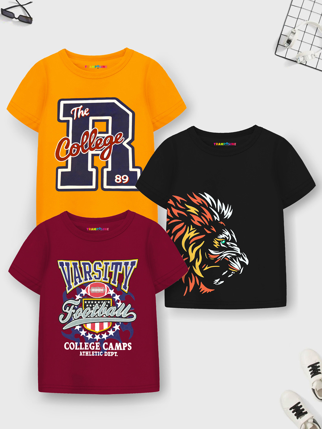 

Trampoline Boys Pack Of 3 Varsity Printed Pure Cotton T-shirt, Black