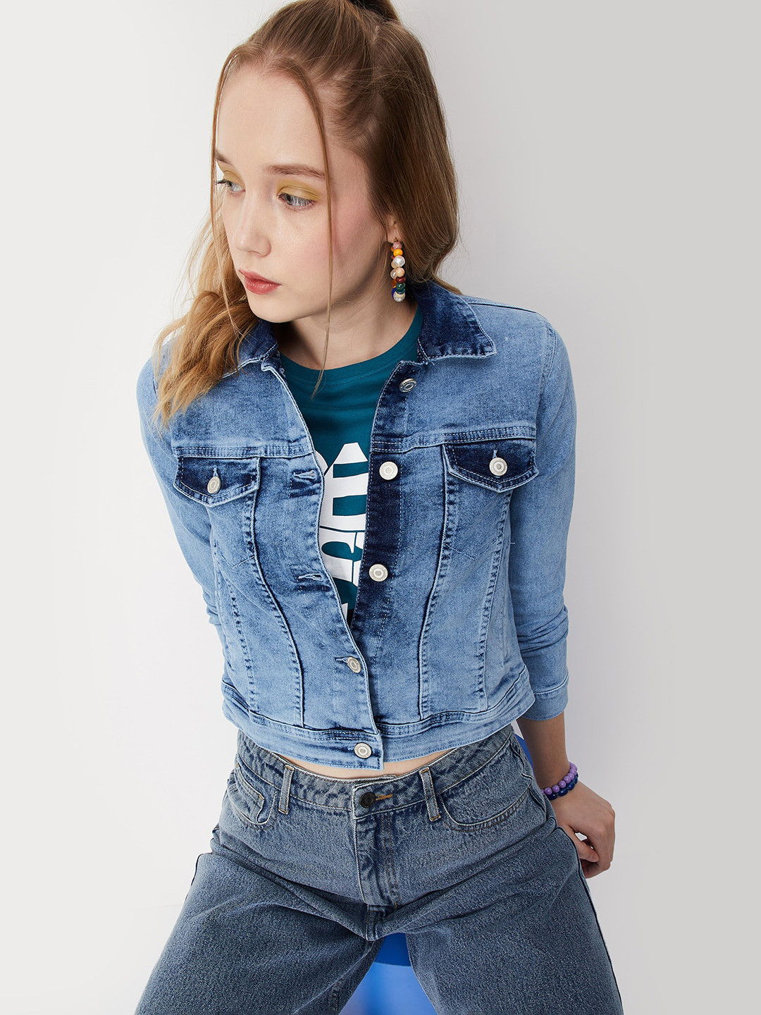 

max Washed Crop Denim Jacket, Blue