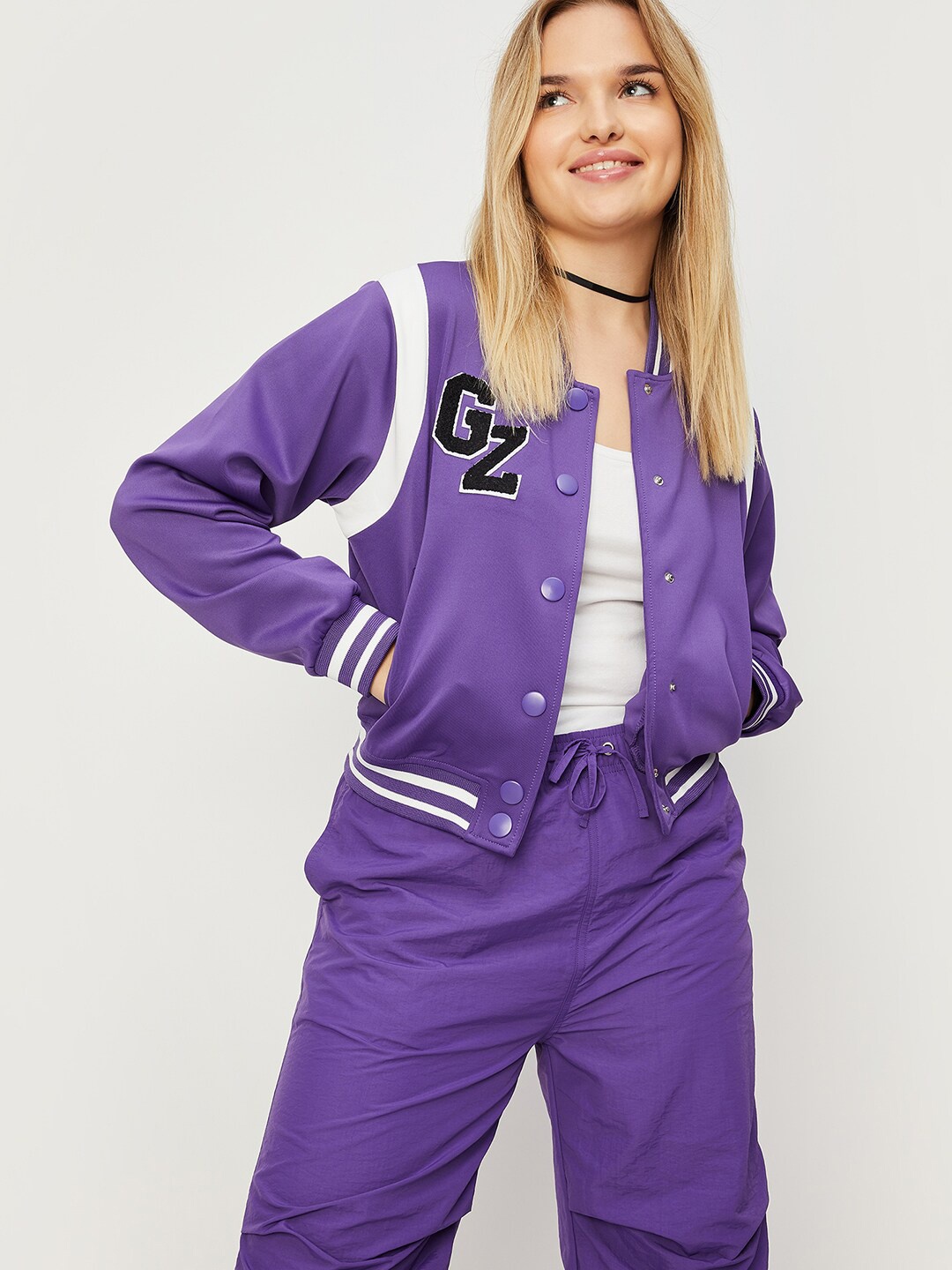 

max Stand Collar Crop Bomber Jacket, Purple