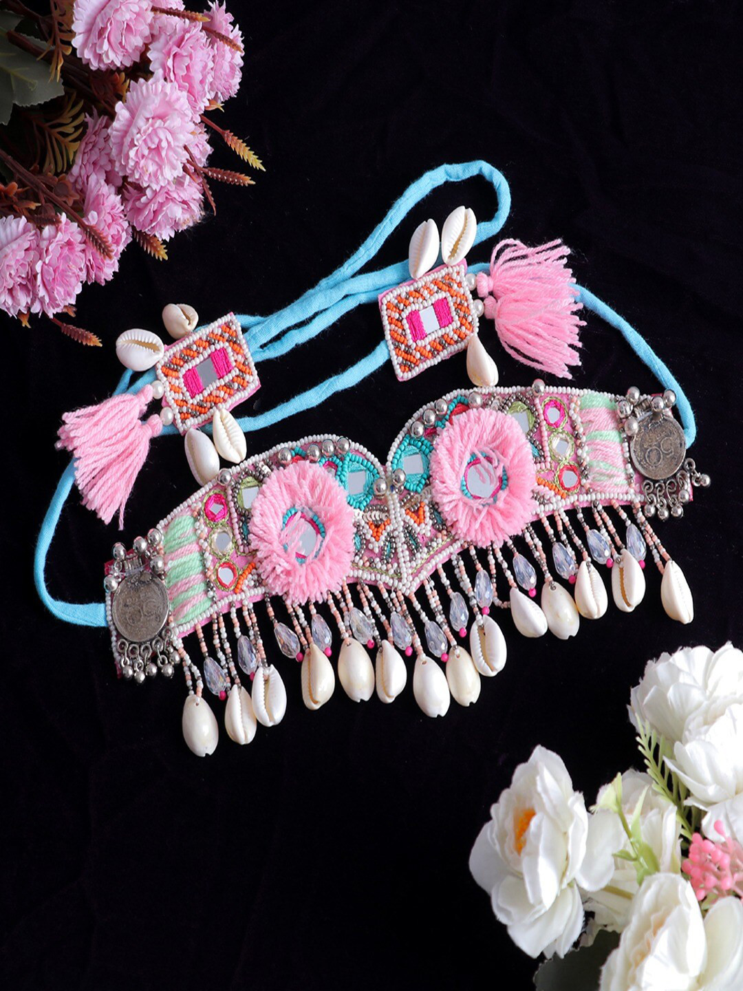 

UNIVERSITY TRENDZ Handcrafted Boho Mirror Choker Necklace, Pink