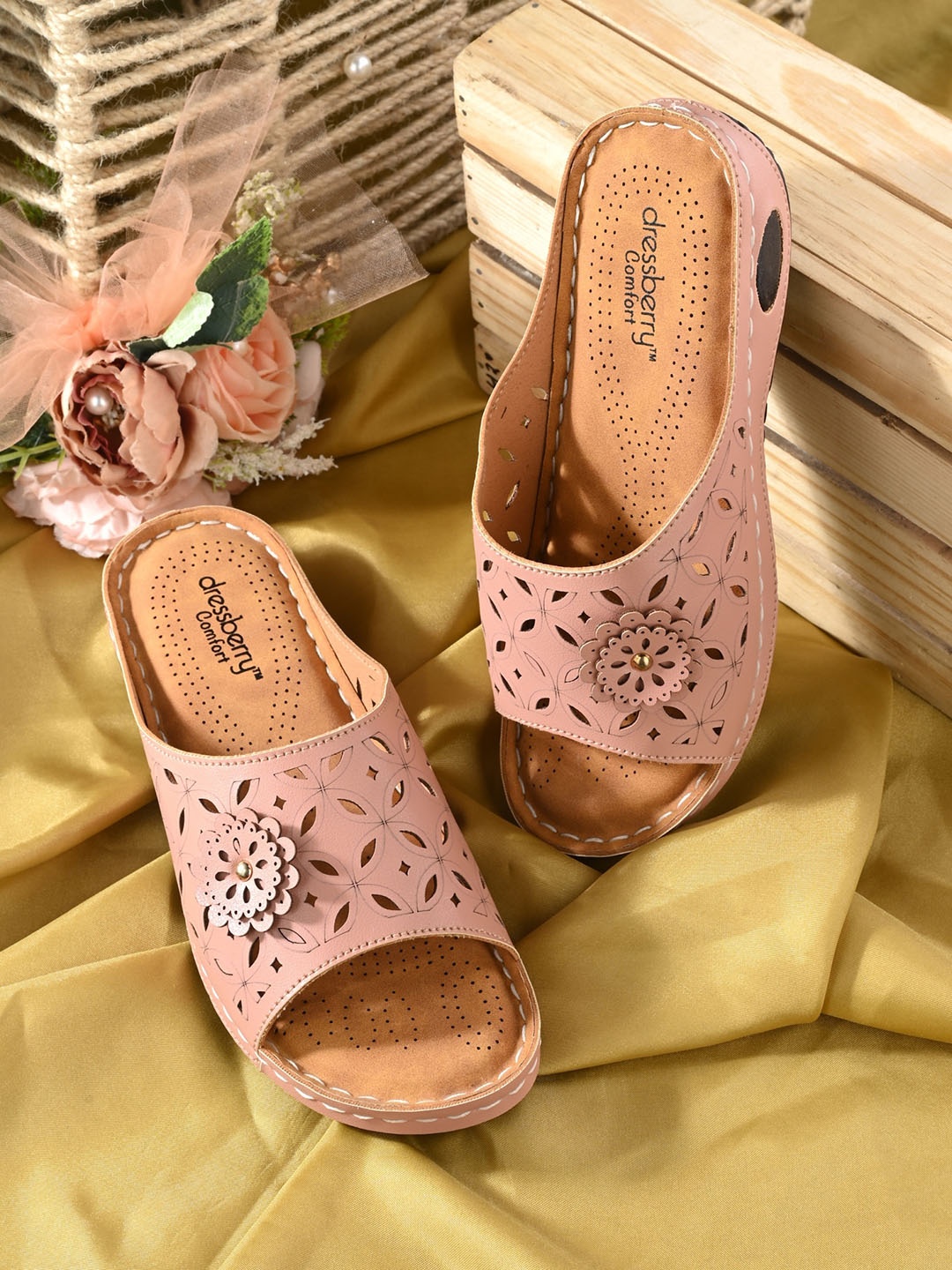 

DressBerry Pink Laser Cut Embellished Open Toe Flats