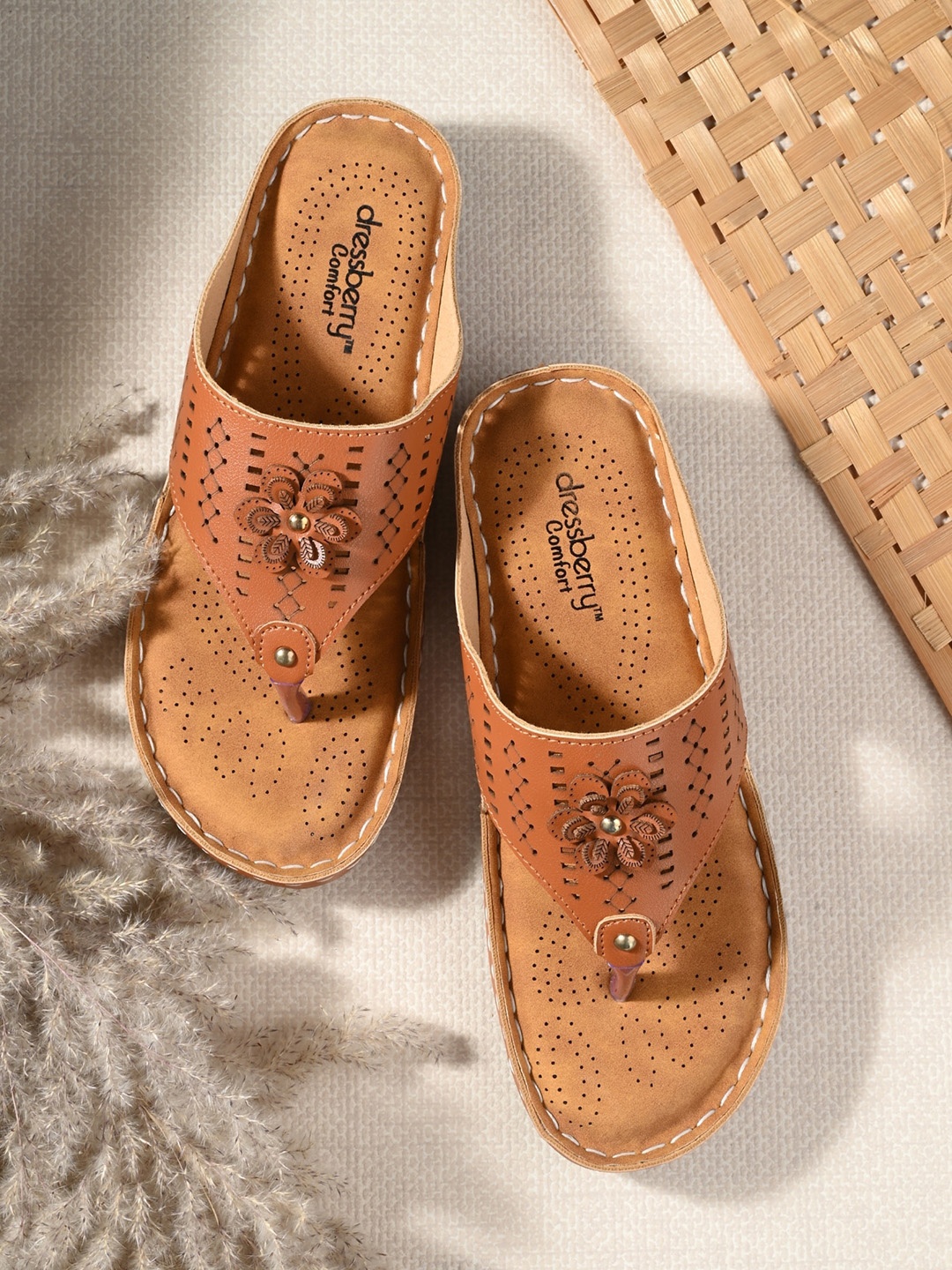 

DressBerry Tan Brown Laser Cuts Open Toe Flats