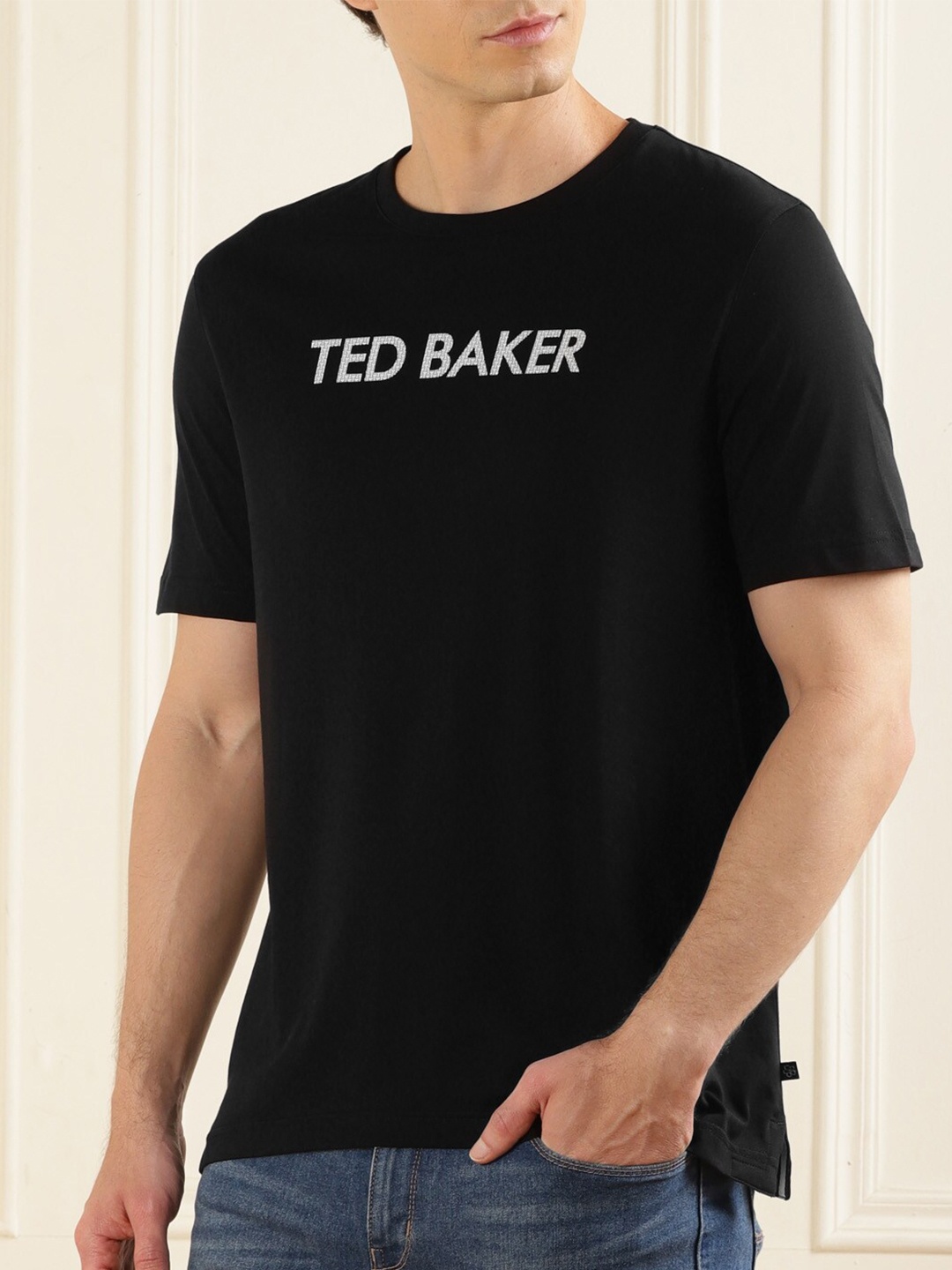 

Ted Baker Typography Printed Round Neck Pure Cotton Regular T-shirt, Black